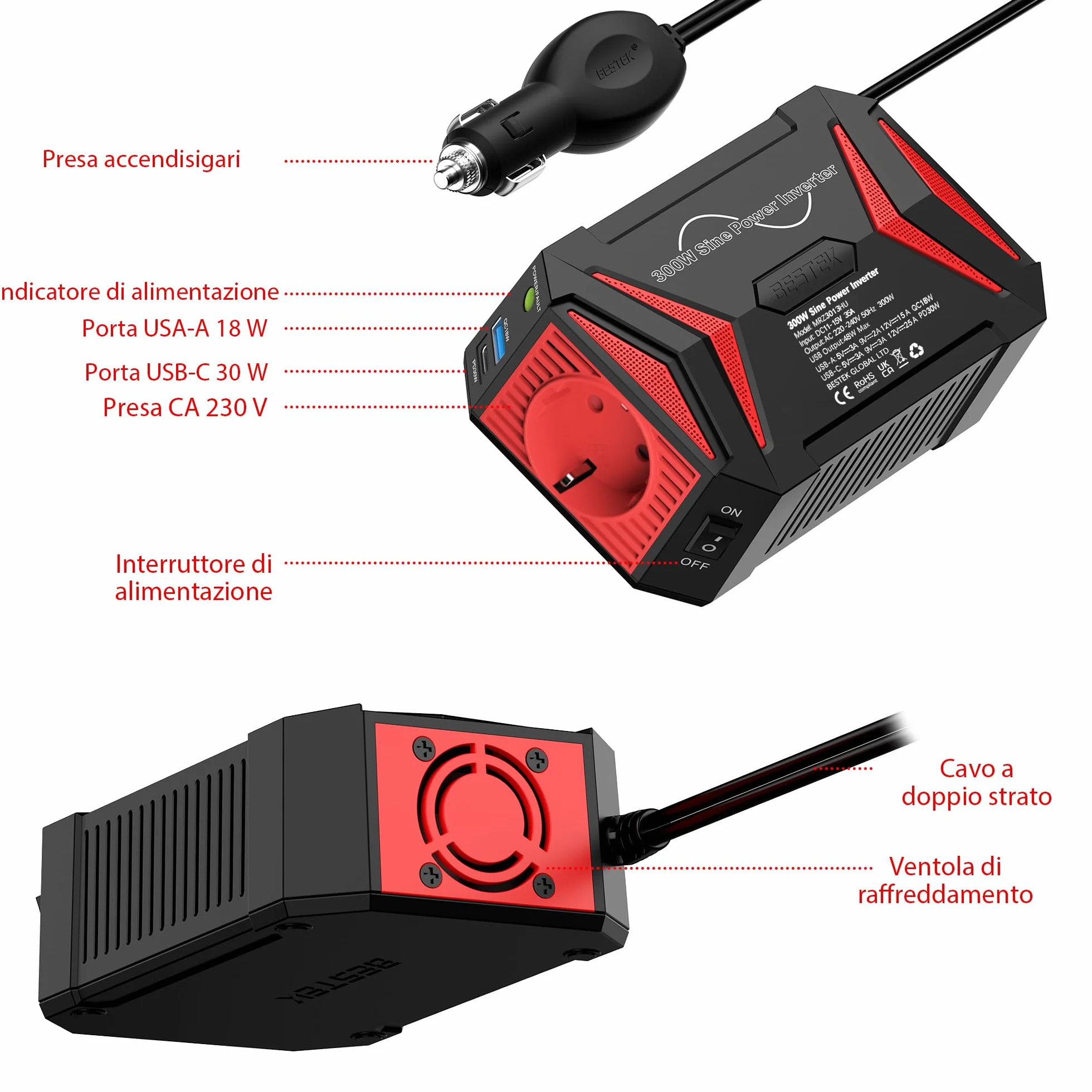 BESTEK Inverter Onda Pura 300W 12V-220V z PD30W QC18W 2 USB