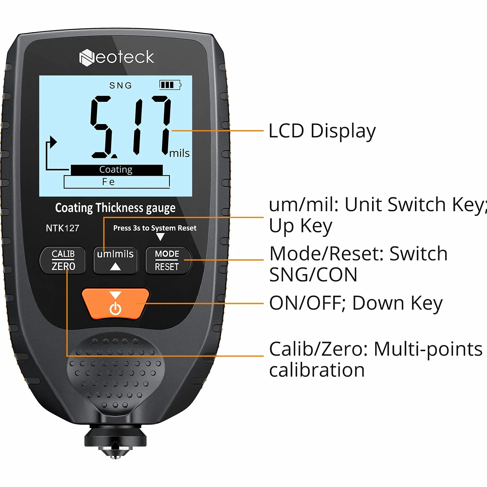 Neoteck Spessimetro per Vernice Auto Digitale 0-1500um Handheld LCD Misuratore di Spessore del Rivestimento Set Tester di Spessore della Vernice per Auto di Metallo Sonda Fe NFe - Arancione