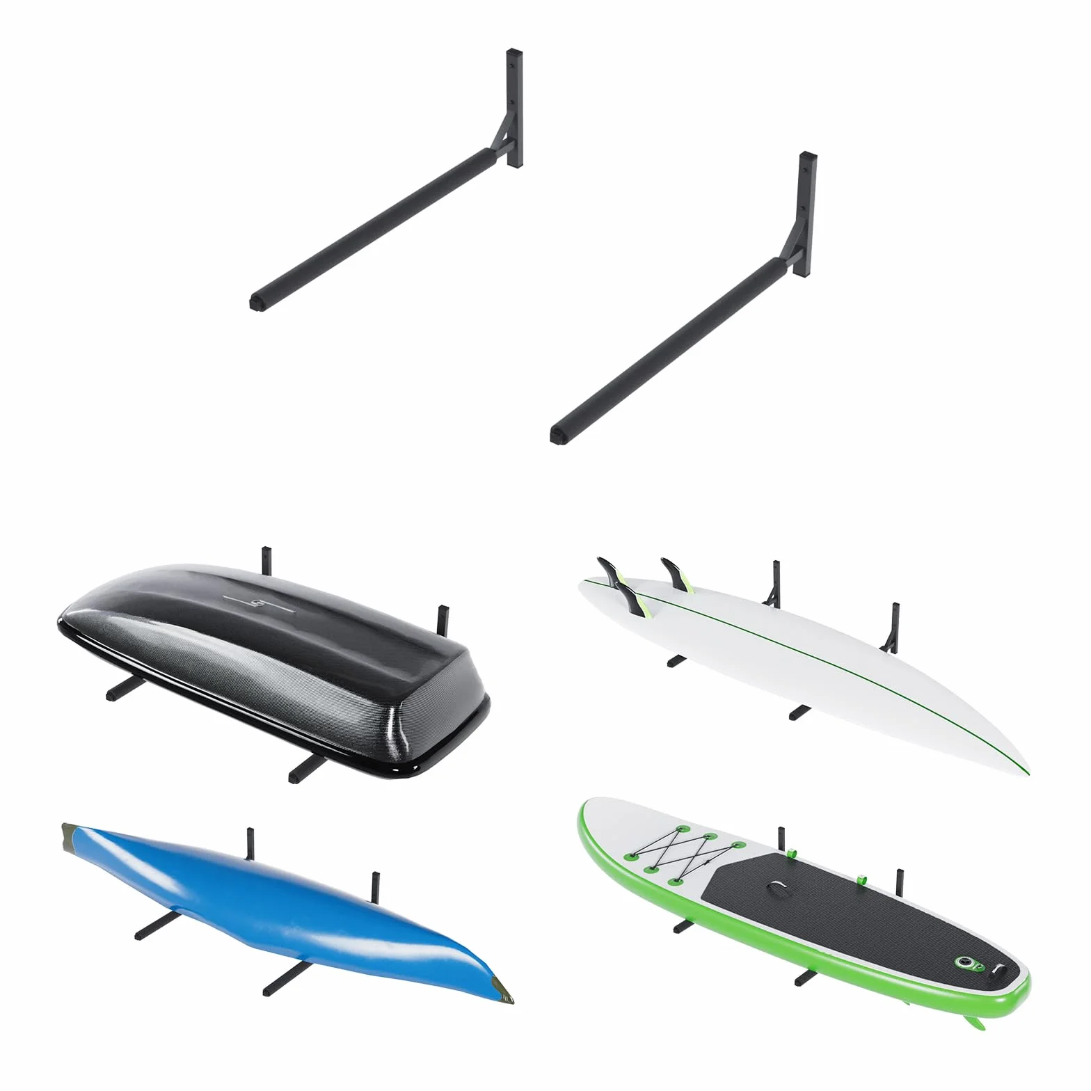 Supporto a parete per box da tetto da 82 cm WSB O nero in acciaio per la conservazione di bauletti da tetto, attrezzi da giardino scatole portatutto per sport tavole da surf e iSUP