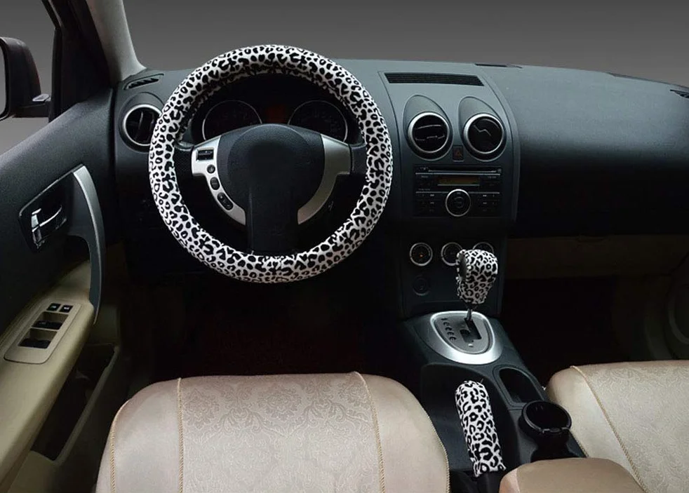 Coprivolanti 3 in 1 morbido leopardato per auto impugnatura freno a mano copri leva cambio corto caldo invernale per donna (Standard,bianco)