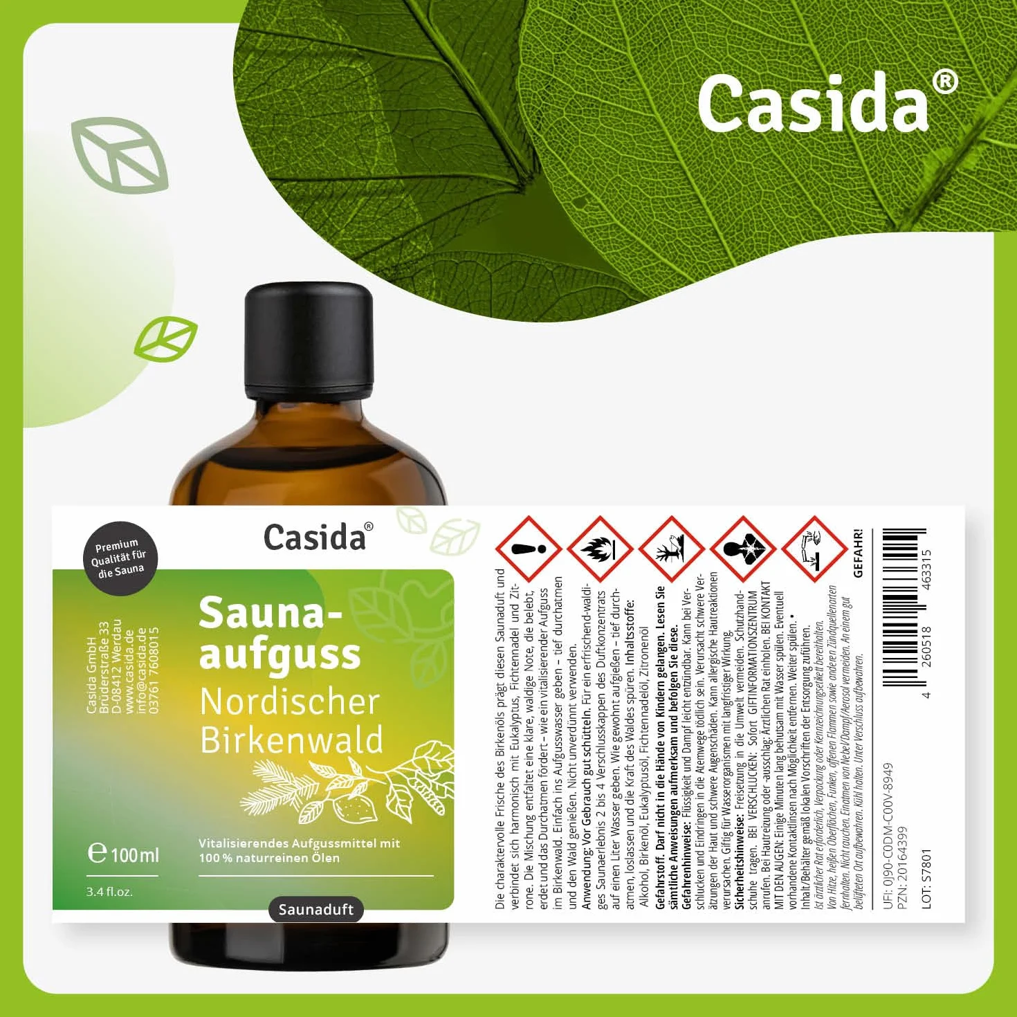 Casida Infusione per sauna con oli essenziali naturali betulla eucalipto abete rosso limone 100 ml