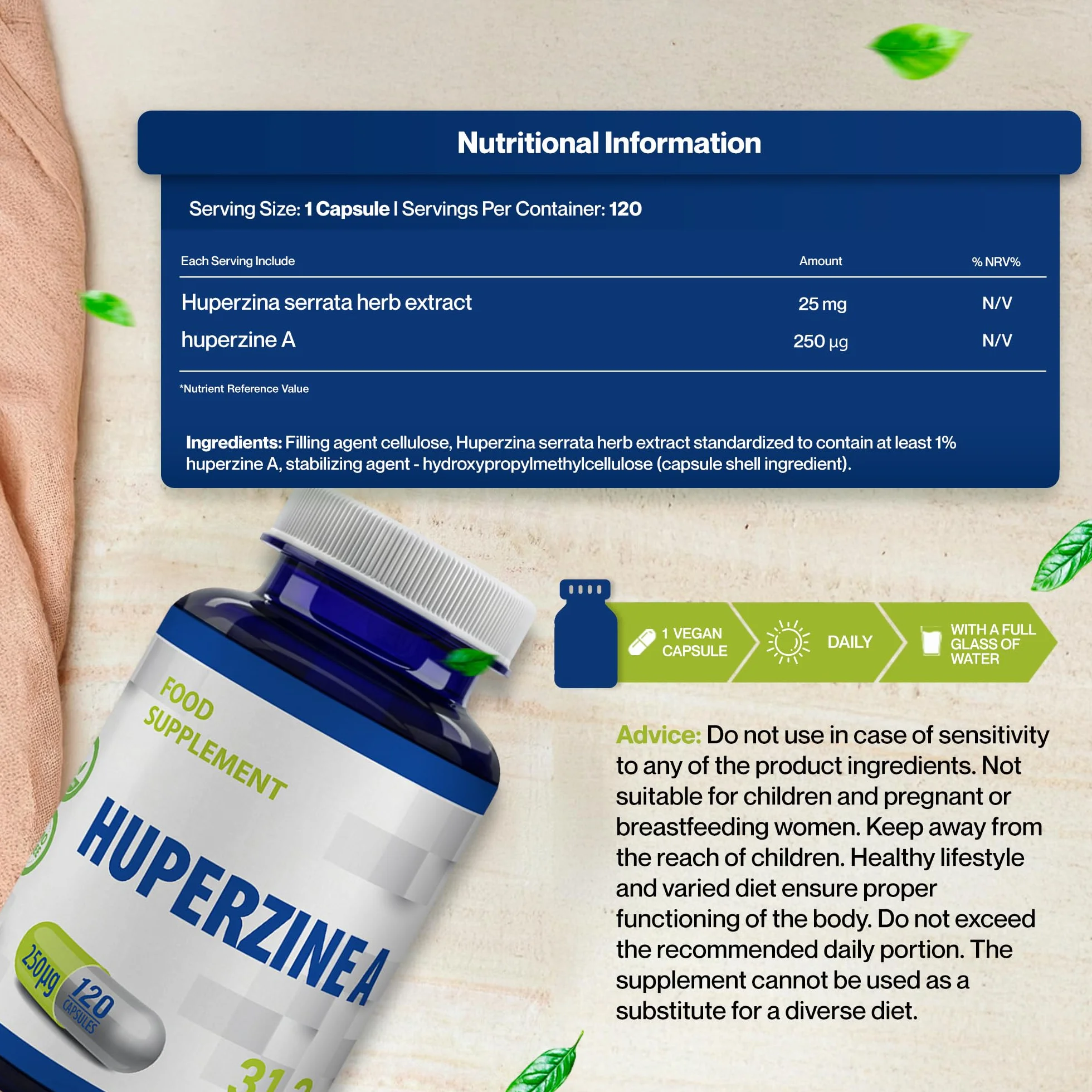 Huperzine A 225mcg 120 Vegan Capsules, Certificato di analisi AGROLAB Germania, senza glutine, senza OGM