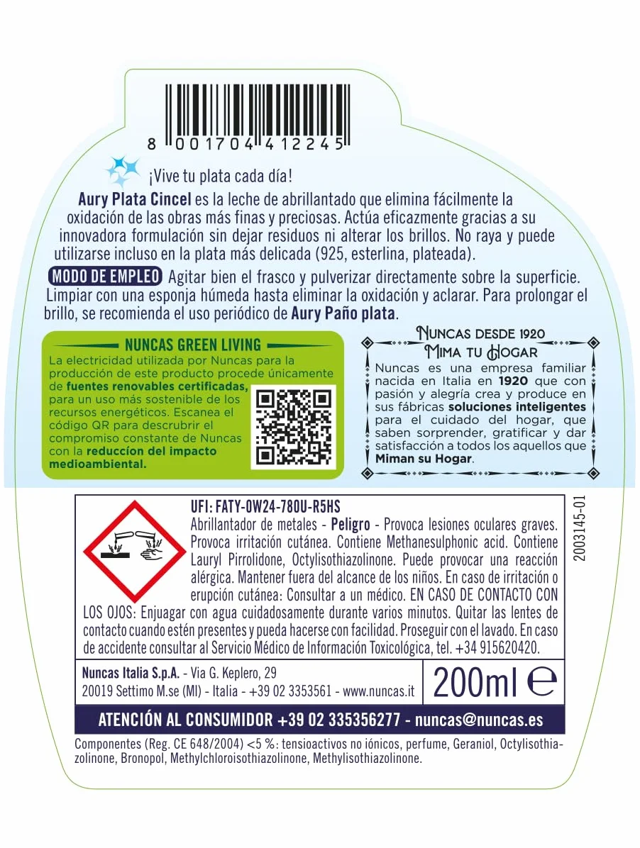 Nuncas Aury Cesello Detergente Argenteria Cesellata 200ml