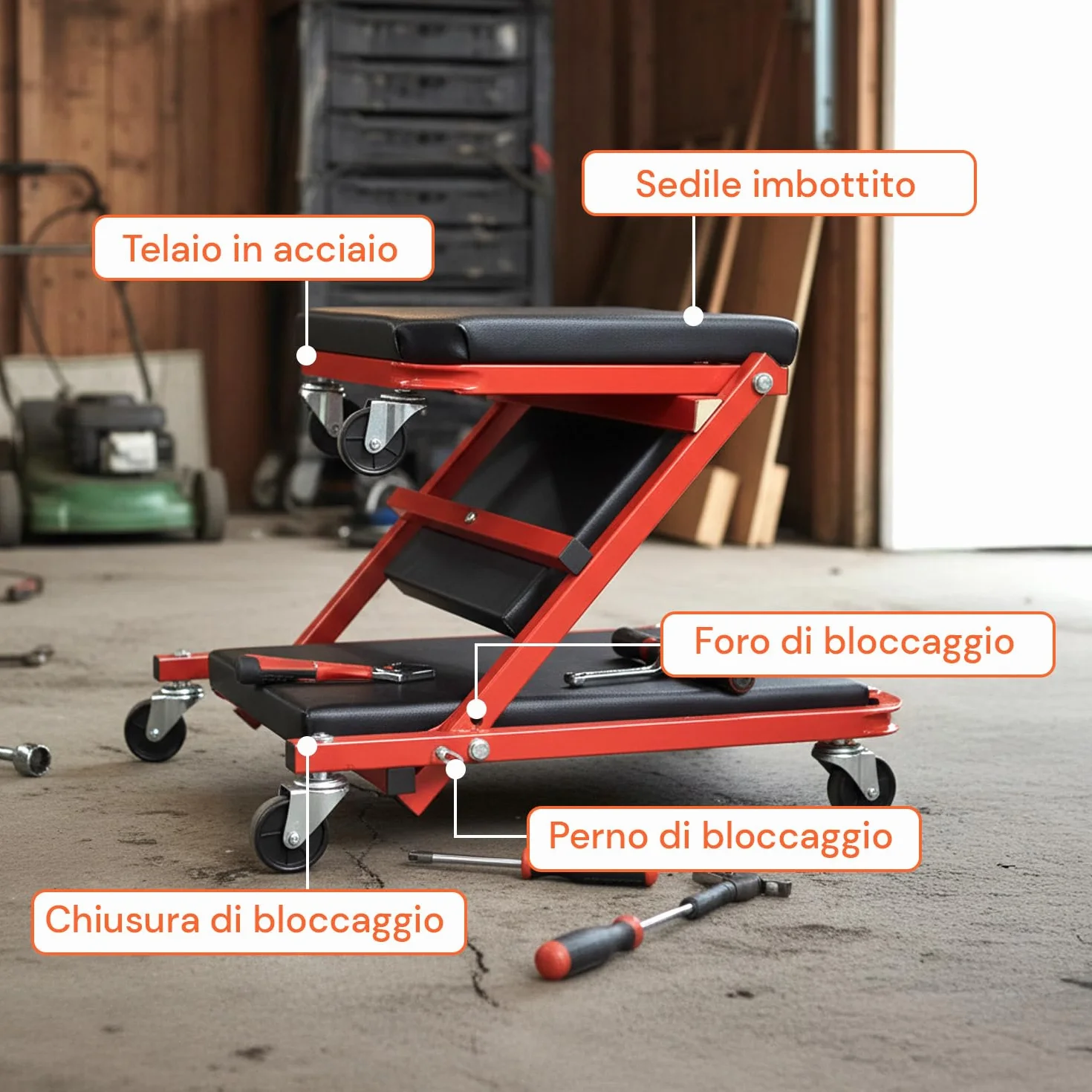 Avilia - Sgabello Officina 2 in 1 Trasformabile in Lettino Meccanico con 6 Ruote Girevoli, Struttura Robusta in Acciaio, Uso Ergonomico per Lavoro in Garage e Manutenzione Auto