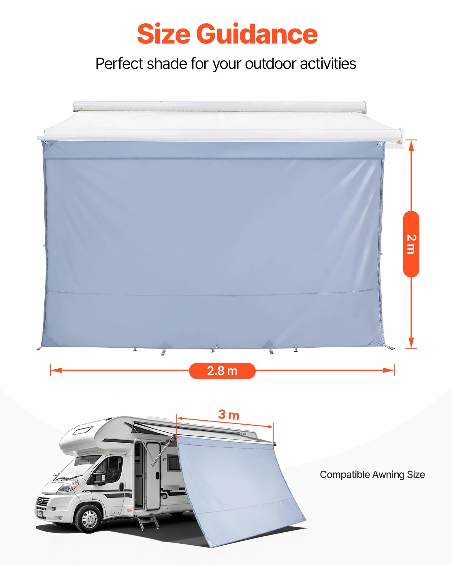VEVOR Pannello Laterale Frangisole per Tenda da Sole 2 x 2,8 m, Parasole UV50+ per Camper Roulotte