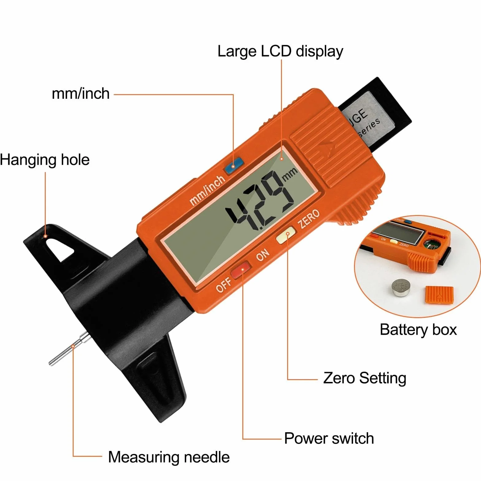 Gvolatee Misuratore Battistrada Pneumatici Digitale con LCD Display Profondimetro per Auto Furgoni Camion Moto Arancia