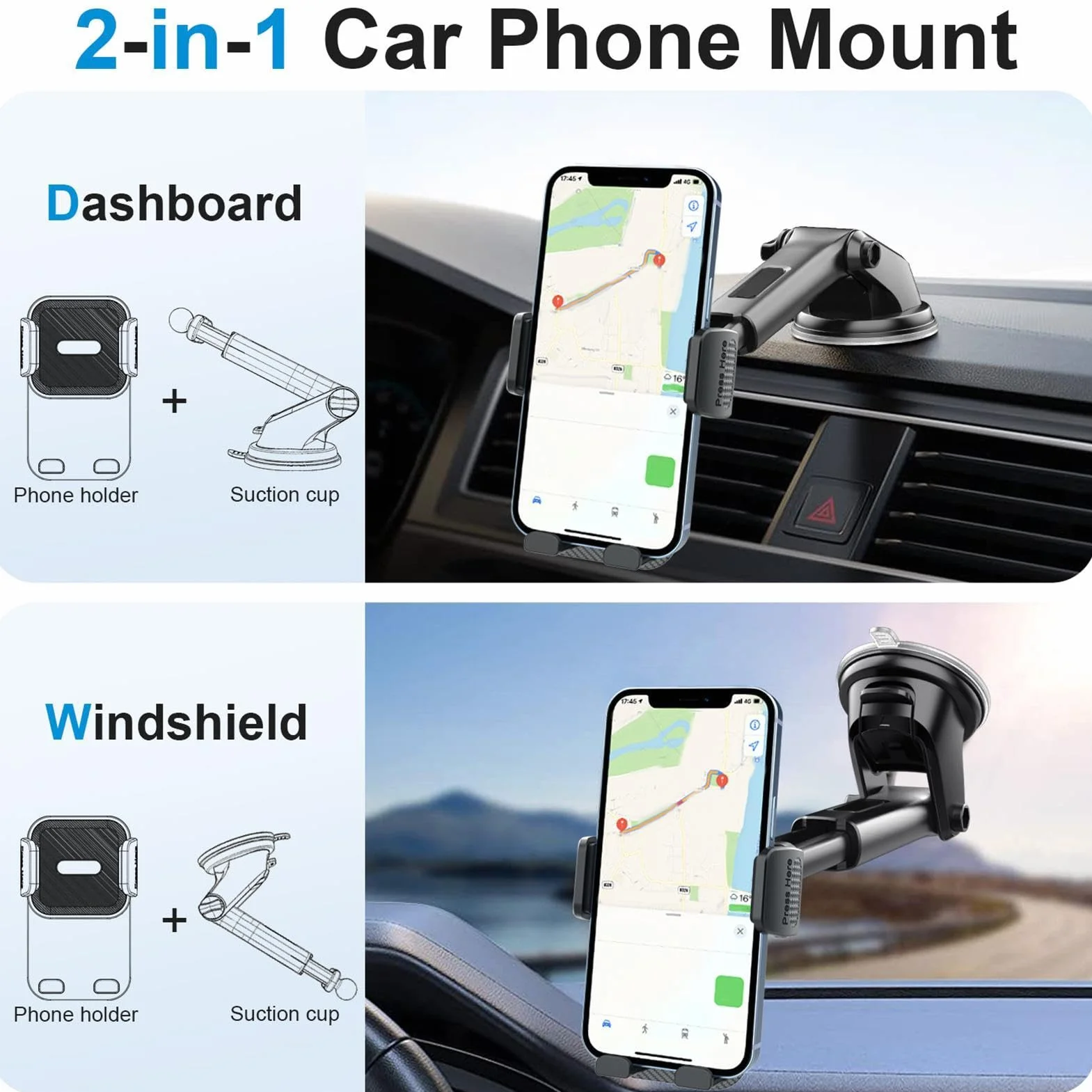 Generico per Telefono per Auto Regolabile, per cruscotto con, Rotazione a 360° con Presa sicura, Mobile per Automobile per Navigazione, Accessorio per Veicolo con Design