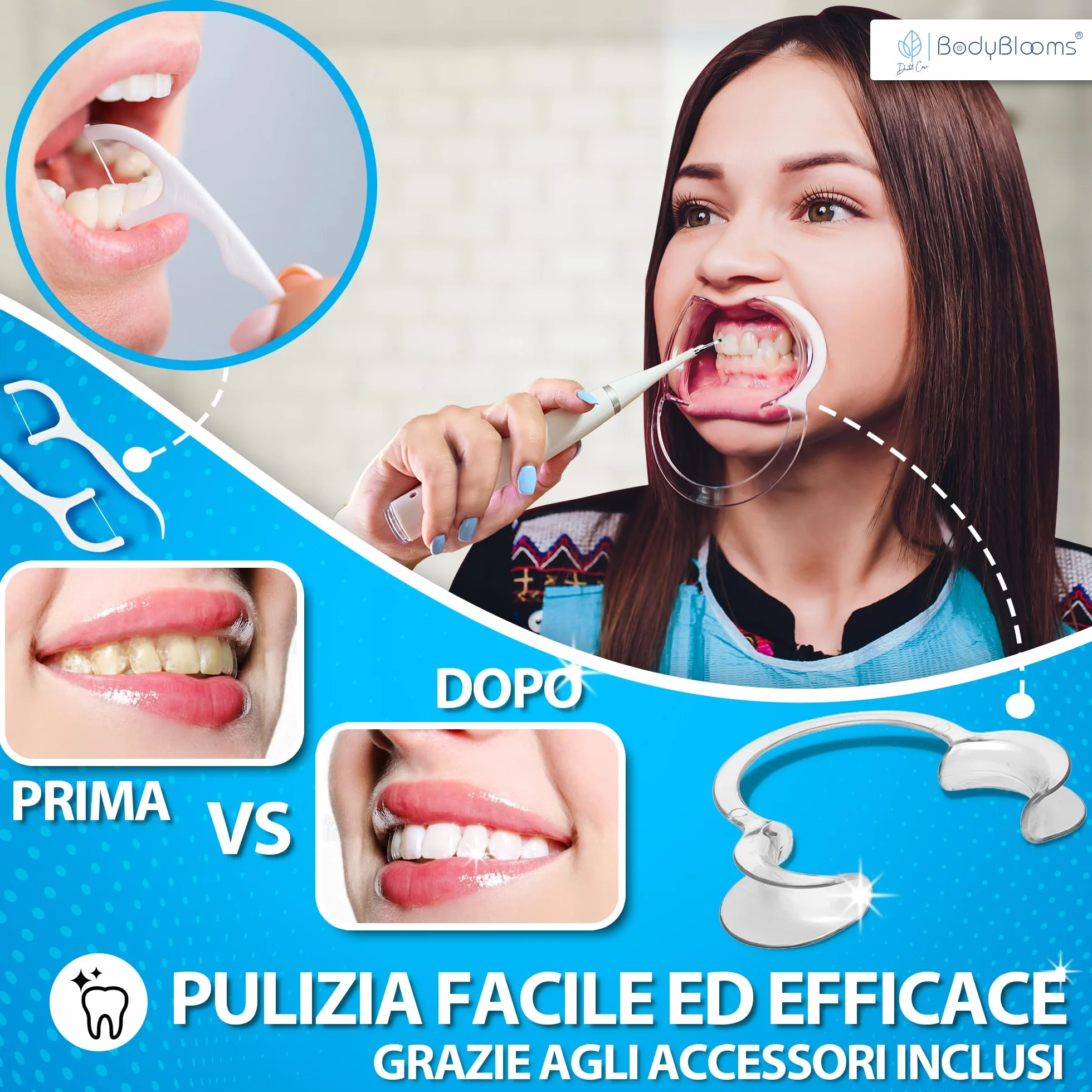 Bodyblooms® Kit Pulizia Denti Tartaro 5 Intensità Elettrico Igiene Dentale Con Accessori Set Rimozione Tartaro