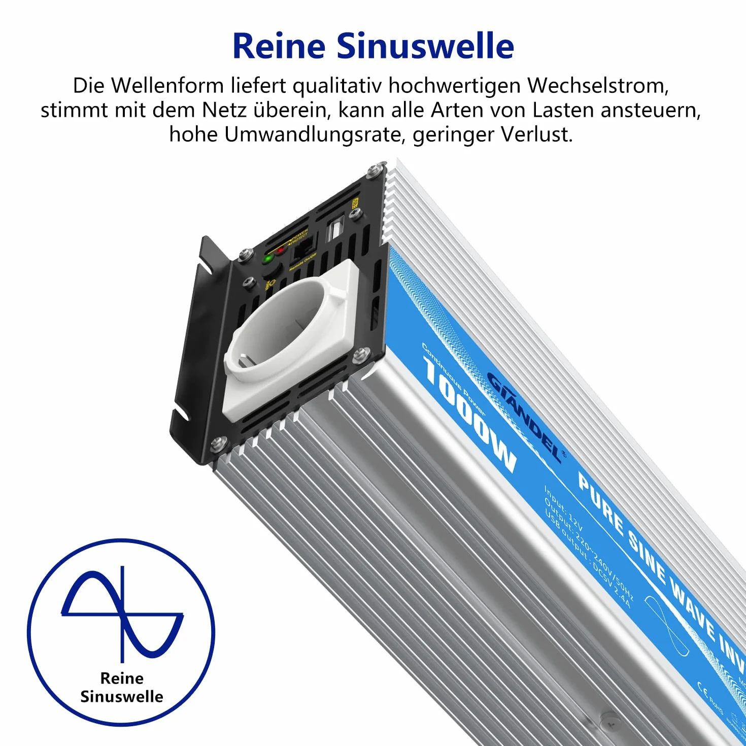 GIANDEL Inverter 12V a 230V Onda sinusoidale pura 1000W Convertitore di tensione con controllo remoto presa EU USB 2.4A