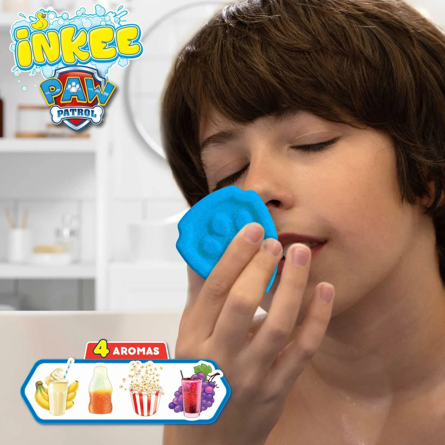 Confezione regalo INKEE PAW PATROL - 4 bombe da bagno per bambini con olio di mandorle e 5 figure da collezionare