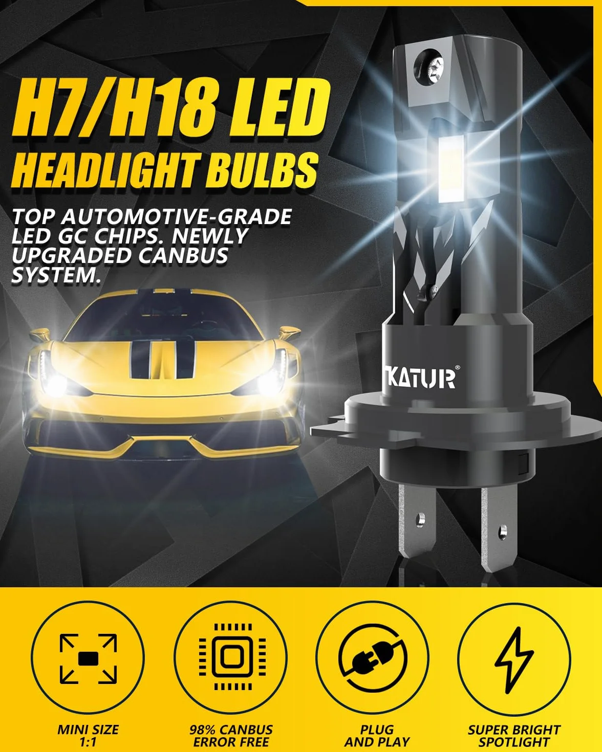 KATUR H7 LED Lampadine per Auto, Canbus 18000LM 6000K Bianco, Plug & Play, 2 Lampadine