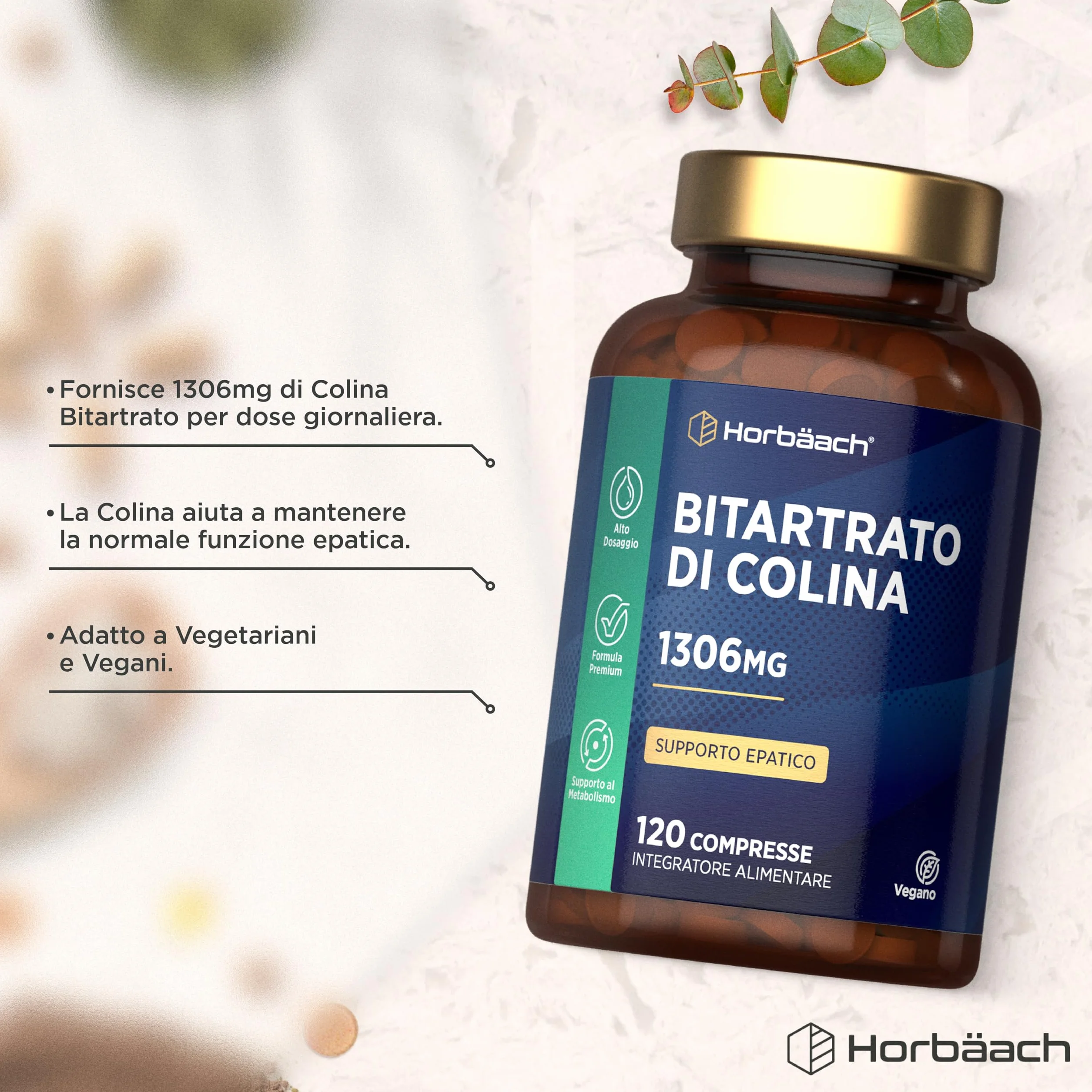 Colina Bitartrato 1305mg 120 Compresse Integratore Horbaach