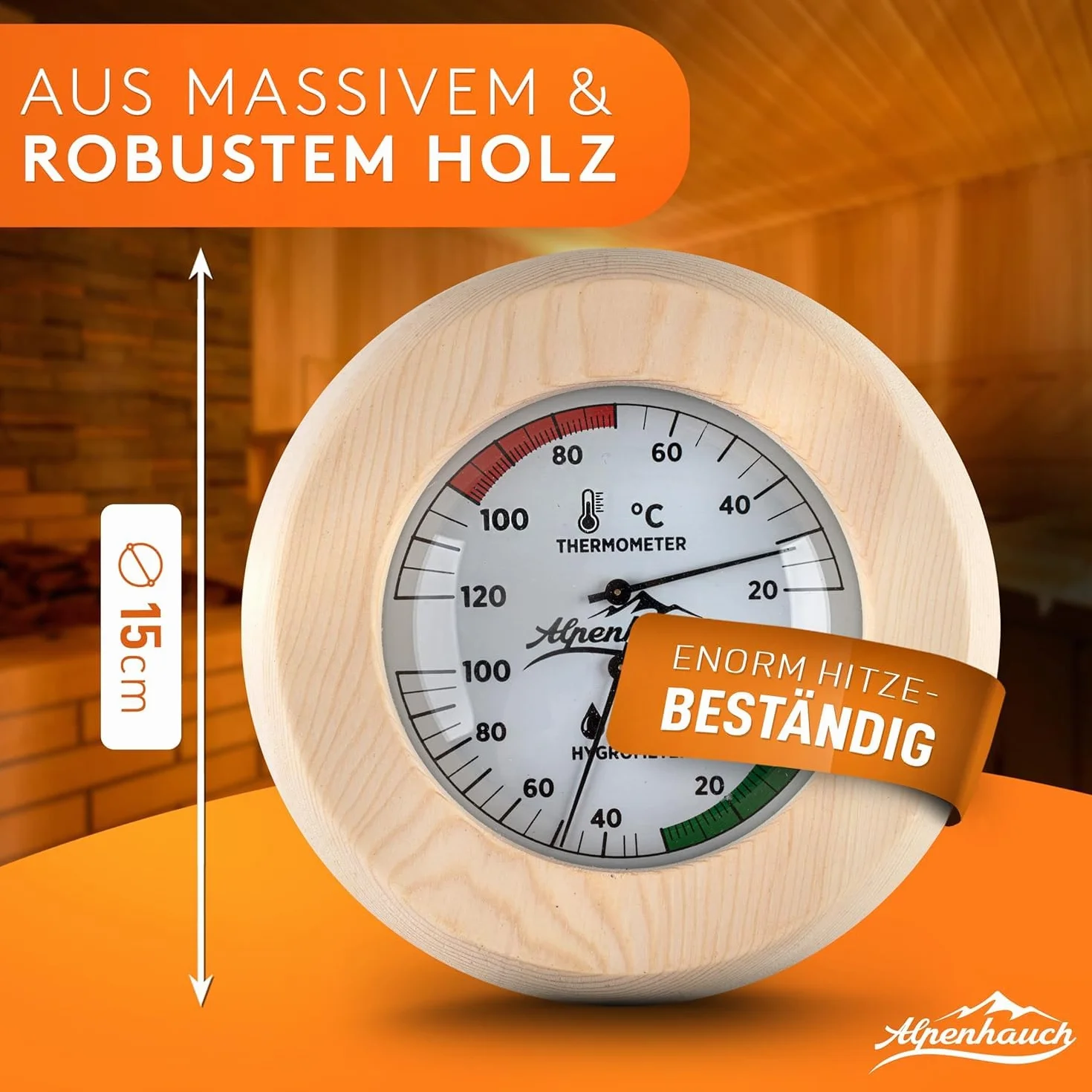 ALPENHAUCH Termometro da sauna igrometro 2 in 1 legno vetro temperato calibrazione automatica