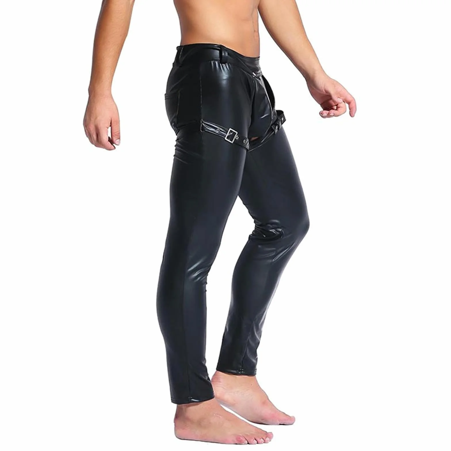 VOIV Pantaloni in Pelle Sintetica da Uomo Nero Aperto sul Davanti Discoteca Clubwear