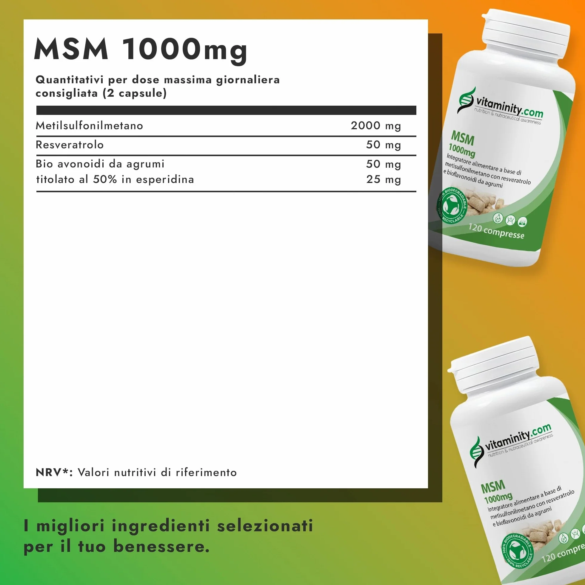 Vitaminity MSM 1000mg Integratore Alimentare Antiossidante per Capelli Pelle Articolazioni 120 Compresse