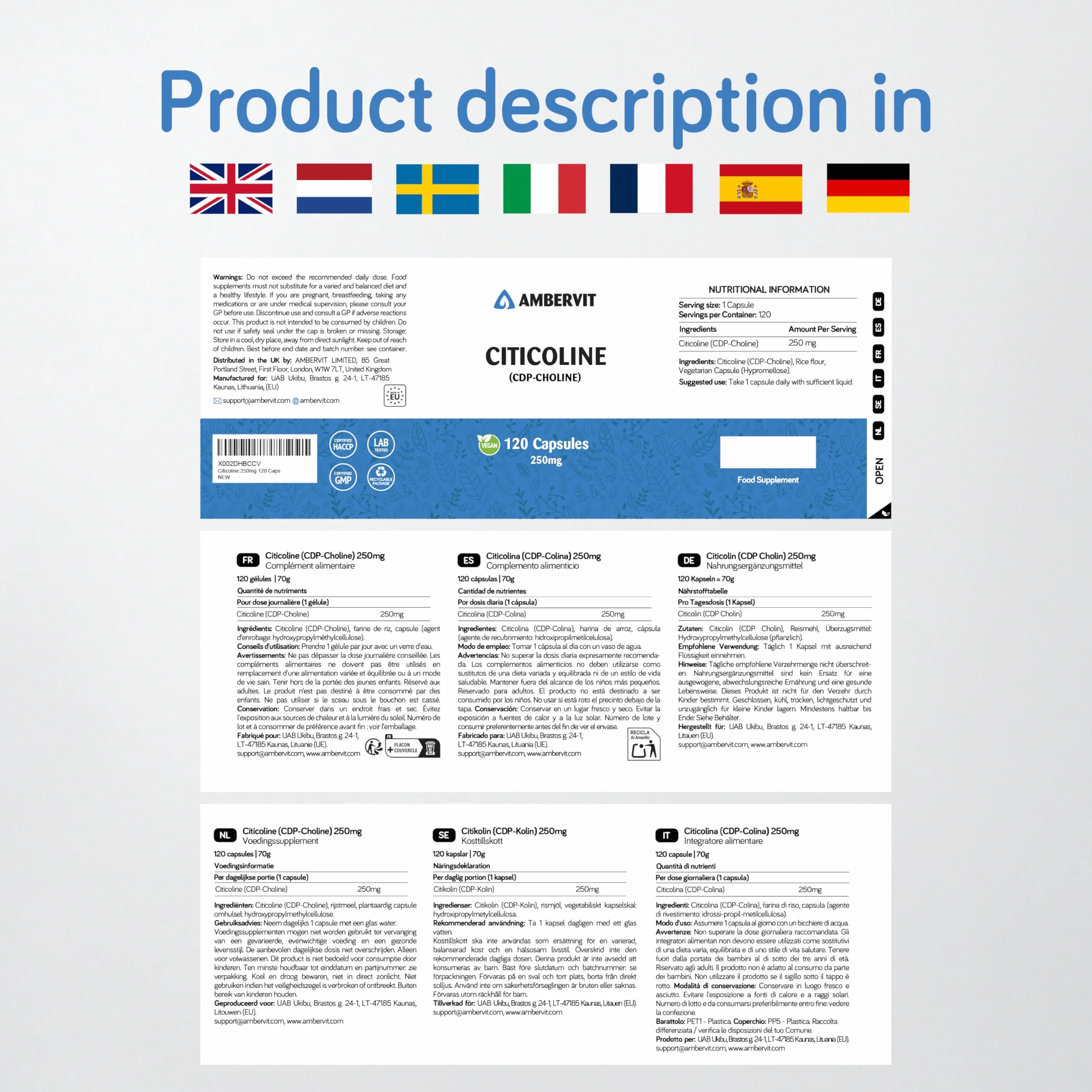 Ambervit Citicolina 250 mg 120 Capsule CDP Colina integratore alta concentrazione per memoria e concentrazione
