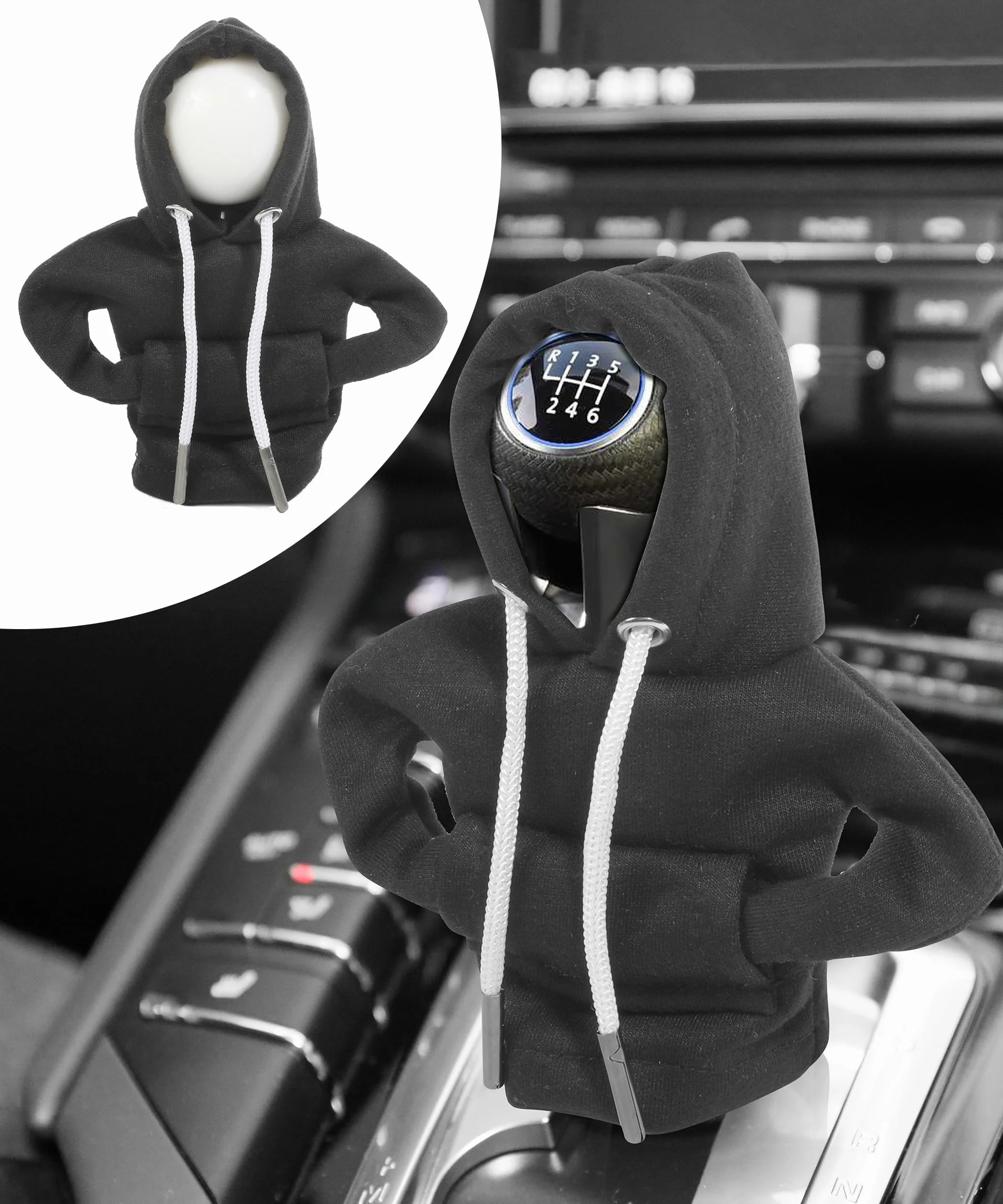 Flaconi Copri Pomello Cambio Auto,Decorazione Interna Divertente,Felpa Con Cappuccio Pomello del Cambio,Accessori per Interni Autos,Adatto alla Maggior Parte delle Auto,Camion,SUV,Camper(Nero)