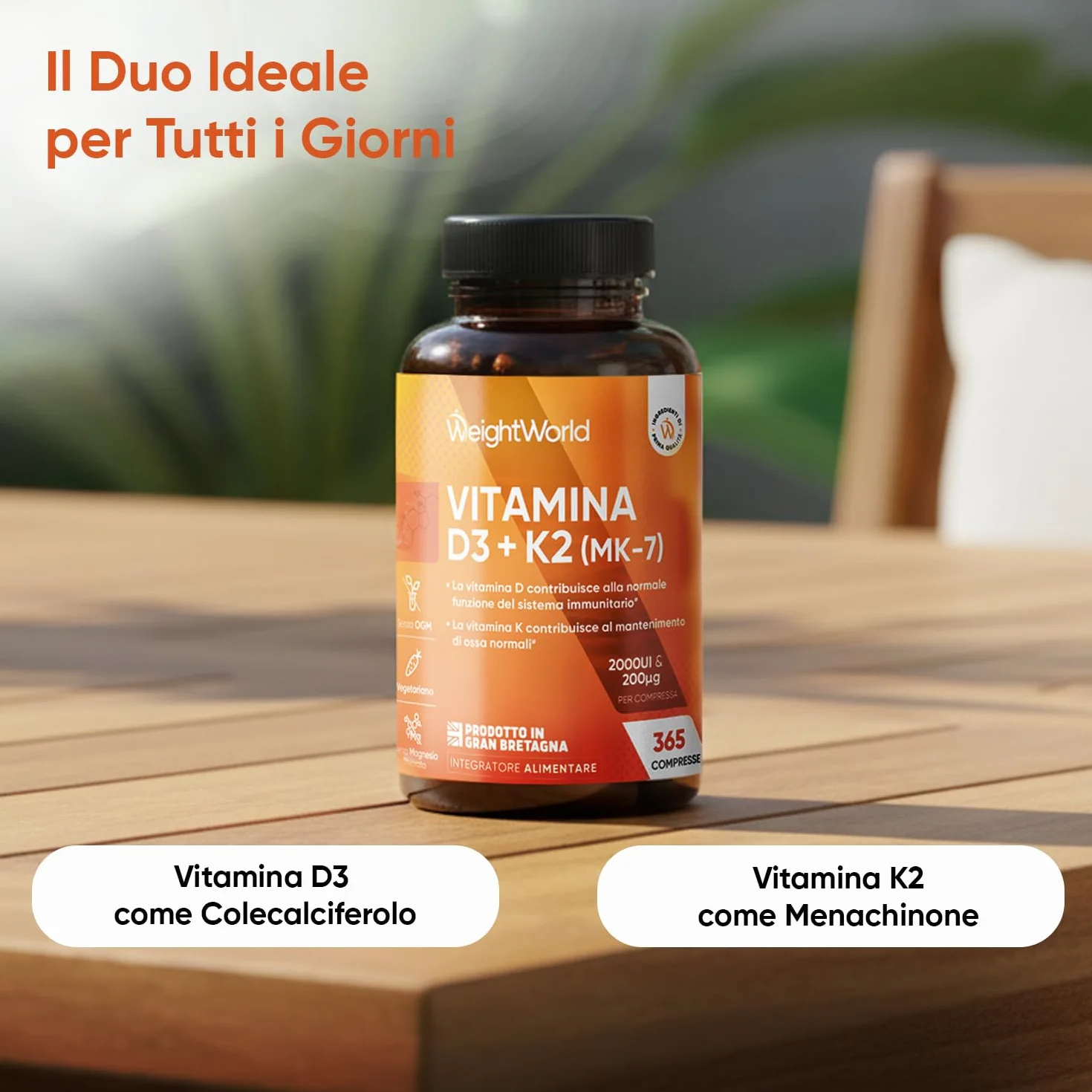 Vitamina D3 K2 2000UI Colecalciferolo 200μg Menachinone 365 Compresse Senza Glutine