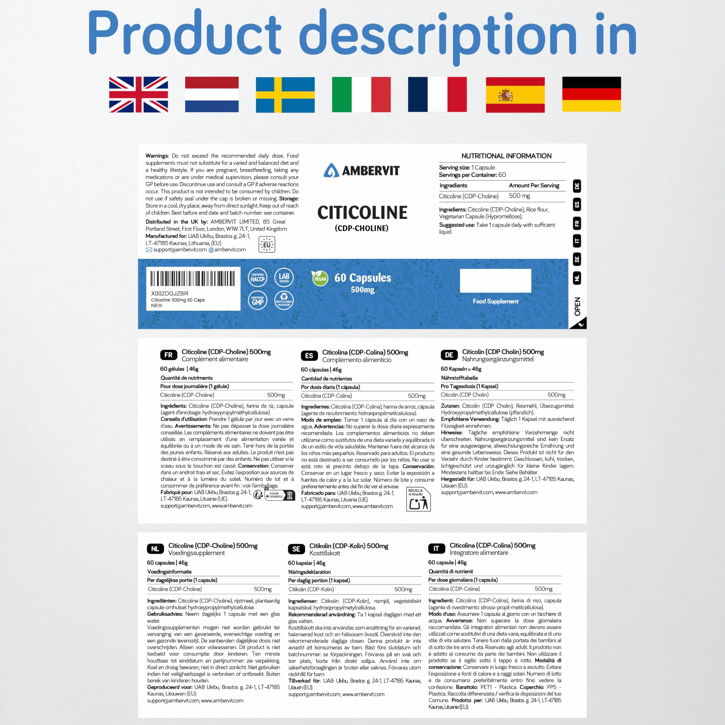 Citicolina 500 mg 60 Capsule CDP Colina integratore Alta Concentrazione Memoria Concentrazione Prestazioni Mentali Ambervit