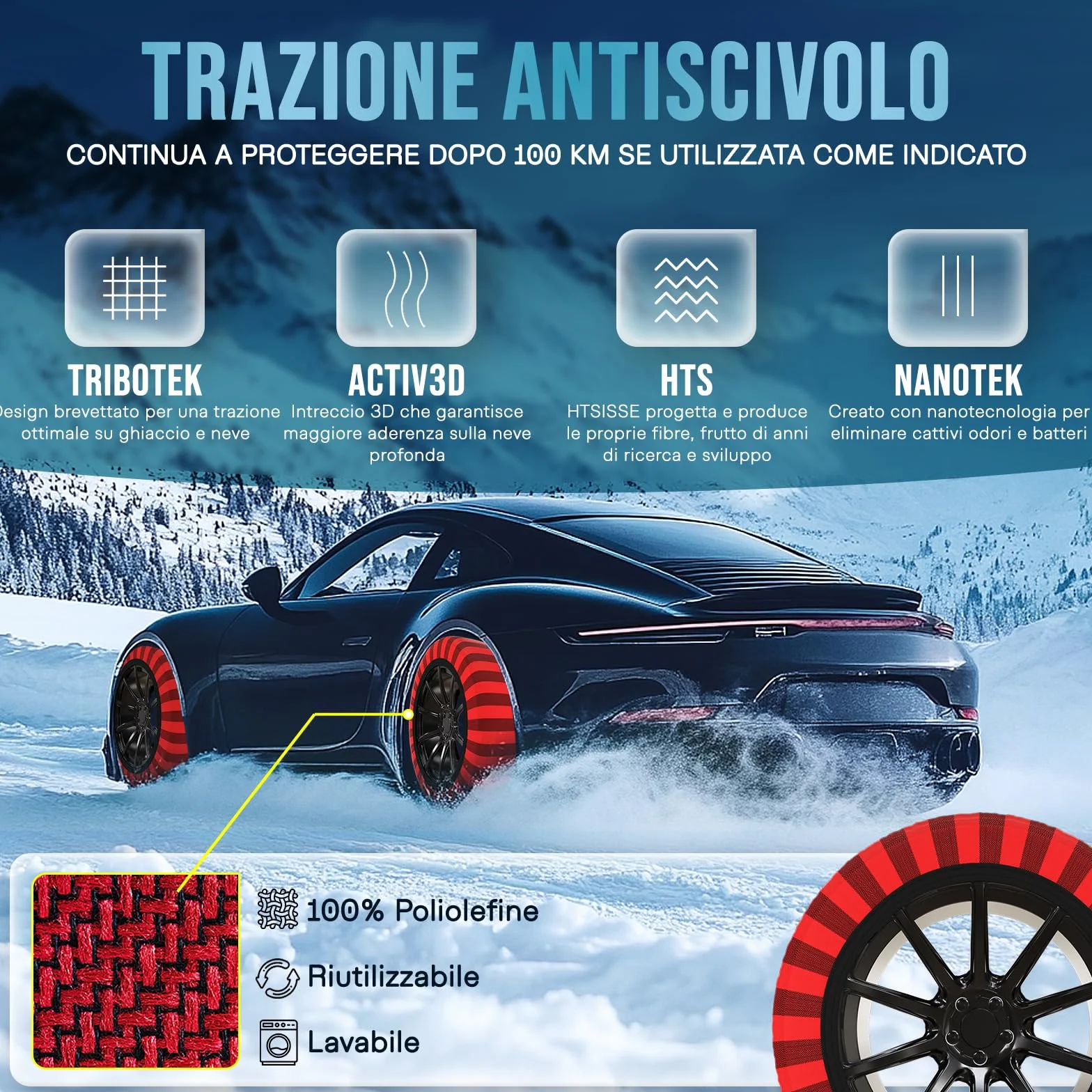 ISSE Calze da Neve Omologate Italia EN 16662-1 – 2 Catene da Neve in Tessuto per Auto Facili da Installare - Resistenti - Guanti Inclusi T70