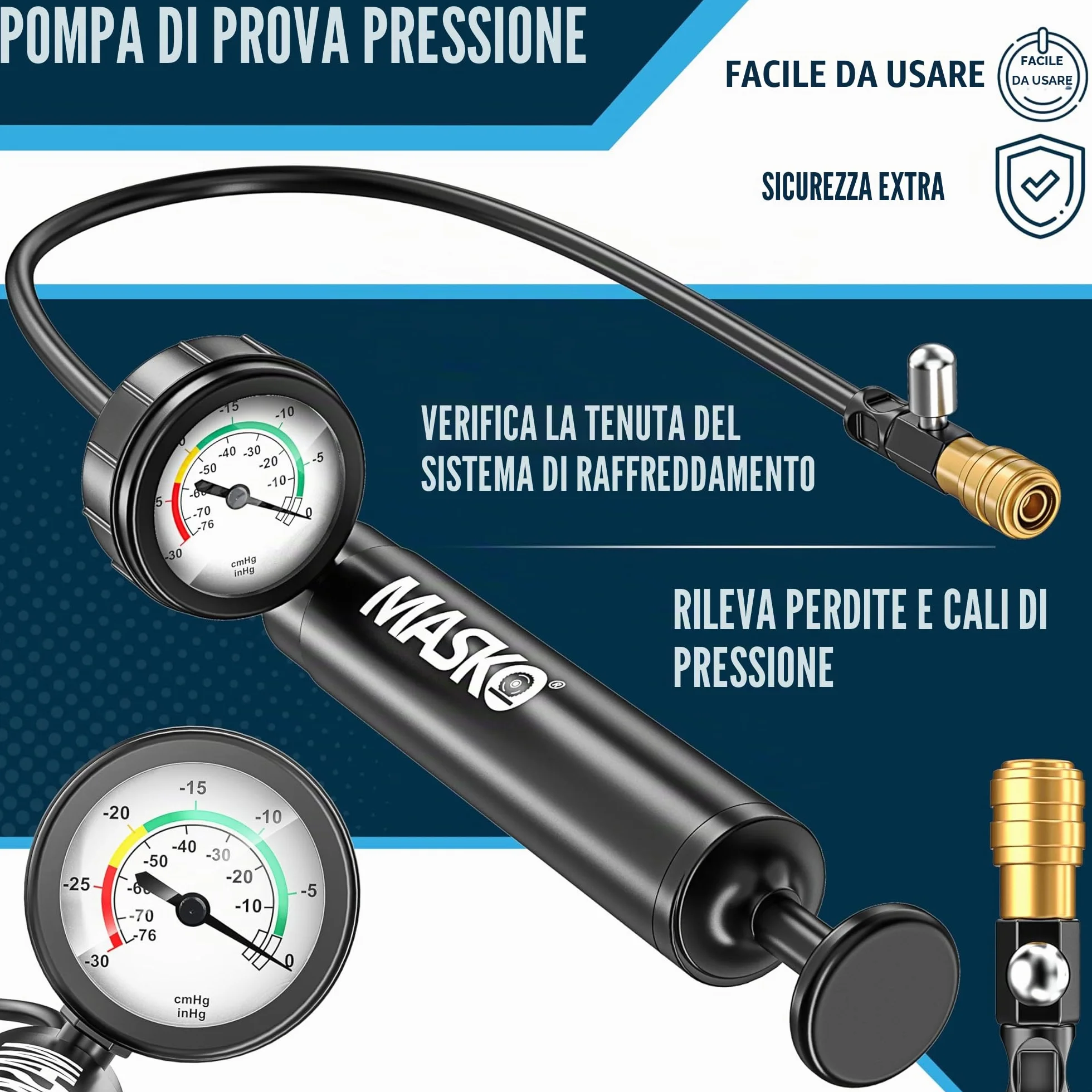 MASKO® Tester e dispositivo di spinta per sistema di raffreddamento | Controllore di pressione del radiatore, dispositivo di scarico del radiatore 28 pezzi incluso adattatore universale per radiatore