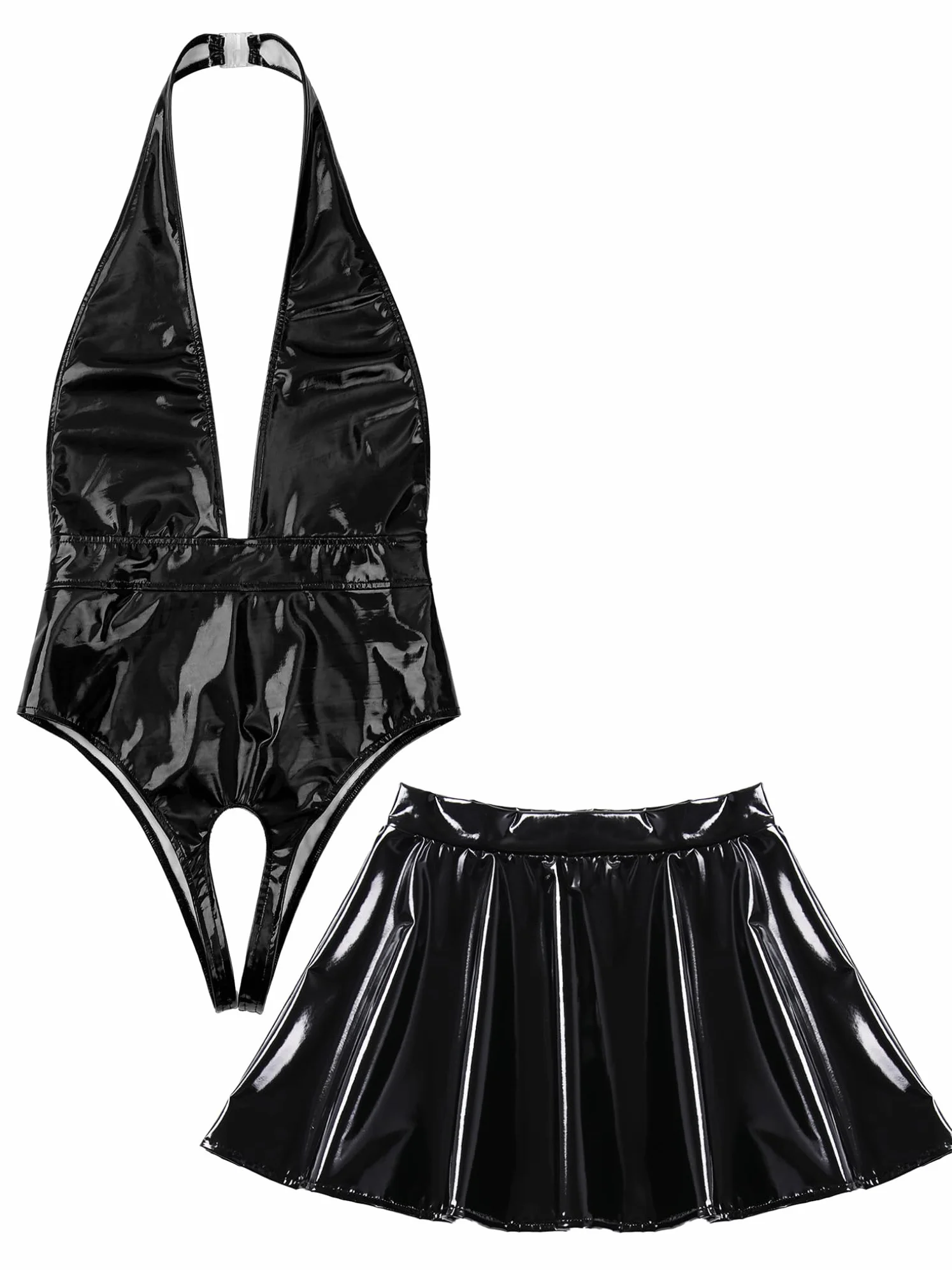 Body in Pelle Verniciata Scollo a V Leotard con Cavallo Aperto Teddy Babydoll con Gonna a Pieghe Lingerie Erotico Biancheria Intima di Cuoio