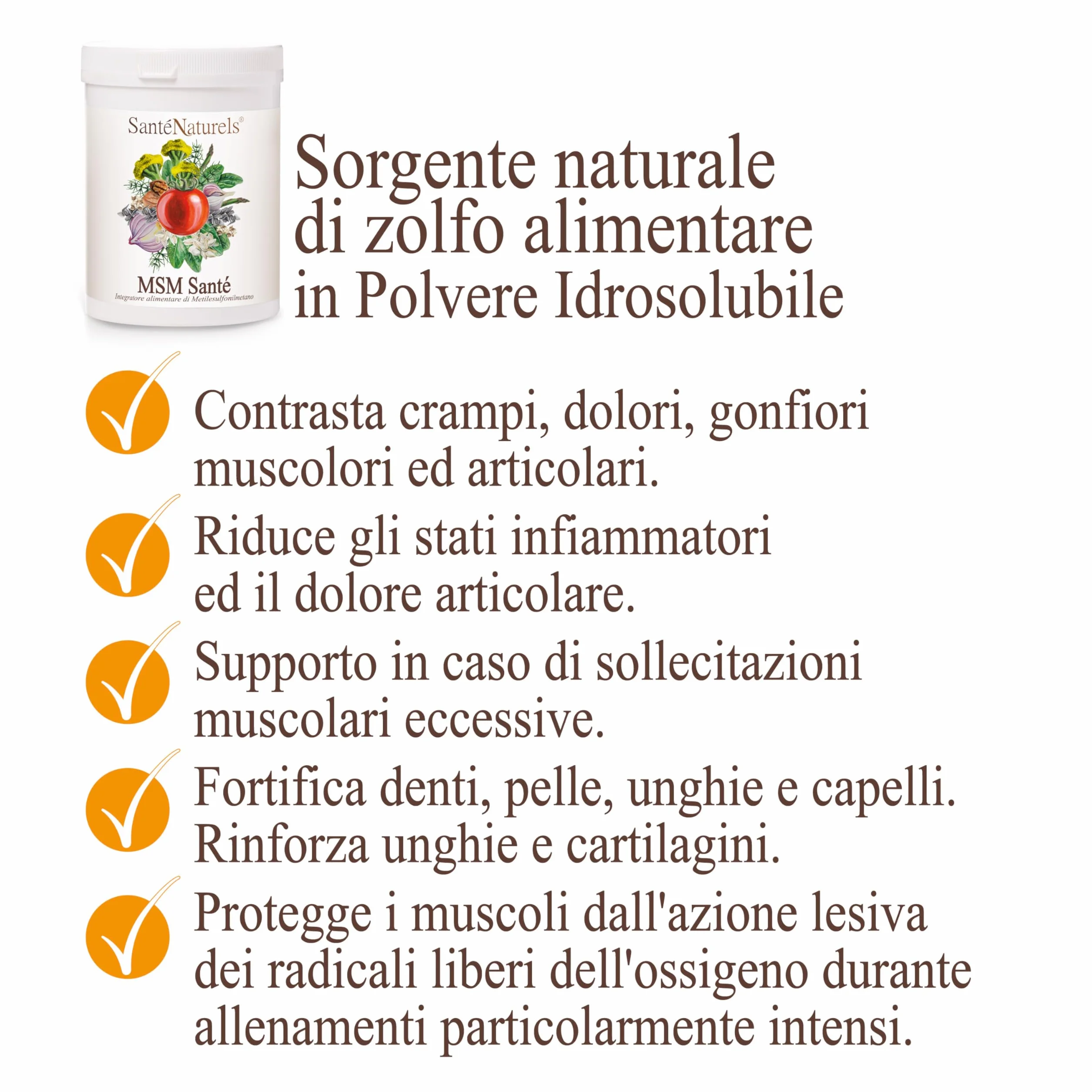 MSM Santè Metilsulfonilmetano Puro 99,9% 500 g Polvere Supporto Articolazioni Ossa Unghie Muscoli Capelli