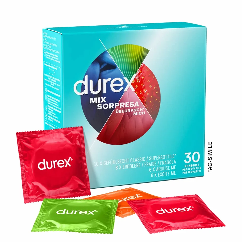 Durex Mix Sorpresa Preservativi Sottili con Rilevi e Nervature 30 Profilattici