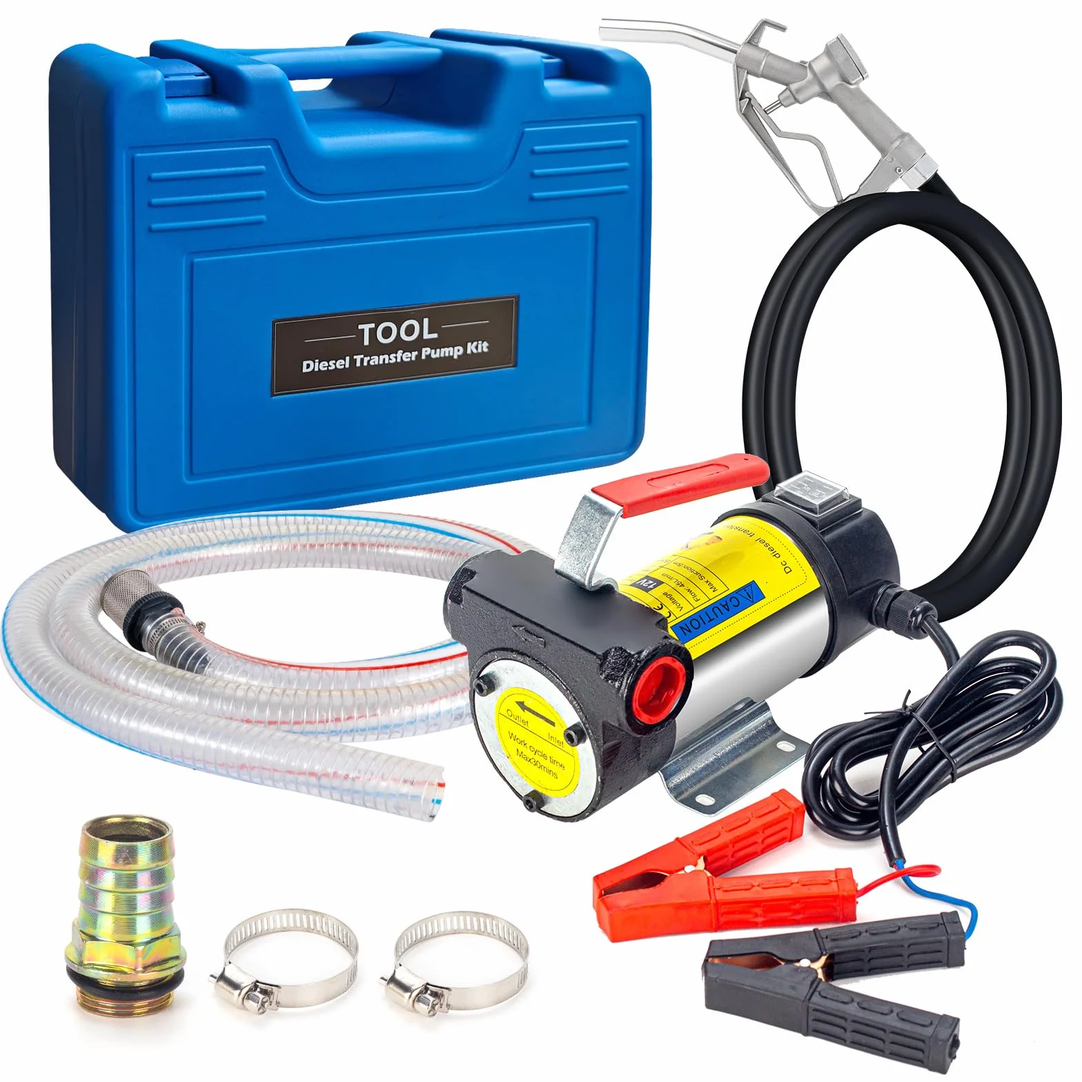 12V 175W Diesel Pompa di Trasferimento 45L/Min Pompa di Trasferimento Carburante Elettrico con Ugello e Tubo per Diesel, Cherosene,Con Caja de Herramientas