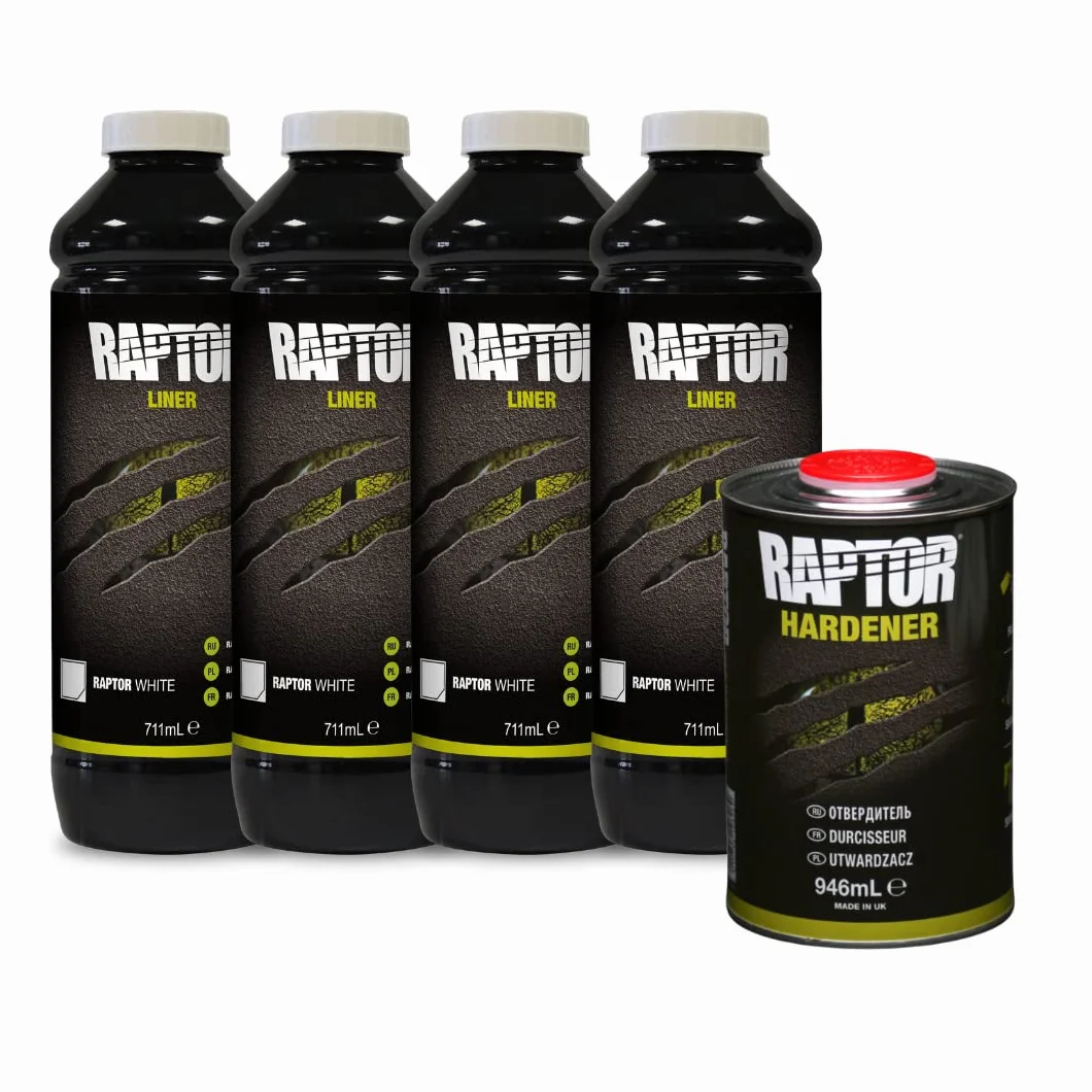 U-POL Raptor Rivestimento Protettivo Kit, 4 Bottiglie 3,79 Litri (Incluso indurente), Bianco con Pistola Raptor Professional Vari Nozzle