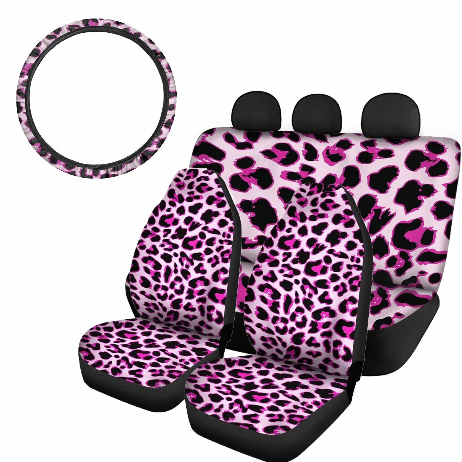 SEANATIVE, Set di 4 coprisedili per auto, con coprisedili anteriori, coprisedile posteriore e coprivolante, elasticizzati, alla moda, colore rosa, motivo femminile con stampa leopardata