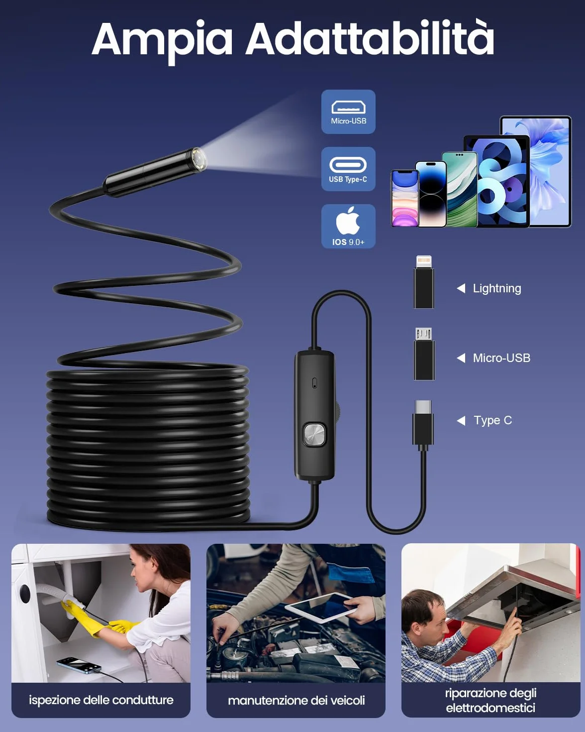Endoscopio per Smartphone 1920P HD Boroscopio Digitale Industriale Sonda Telecamera con 8 LED IP67 5m