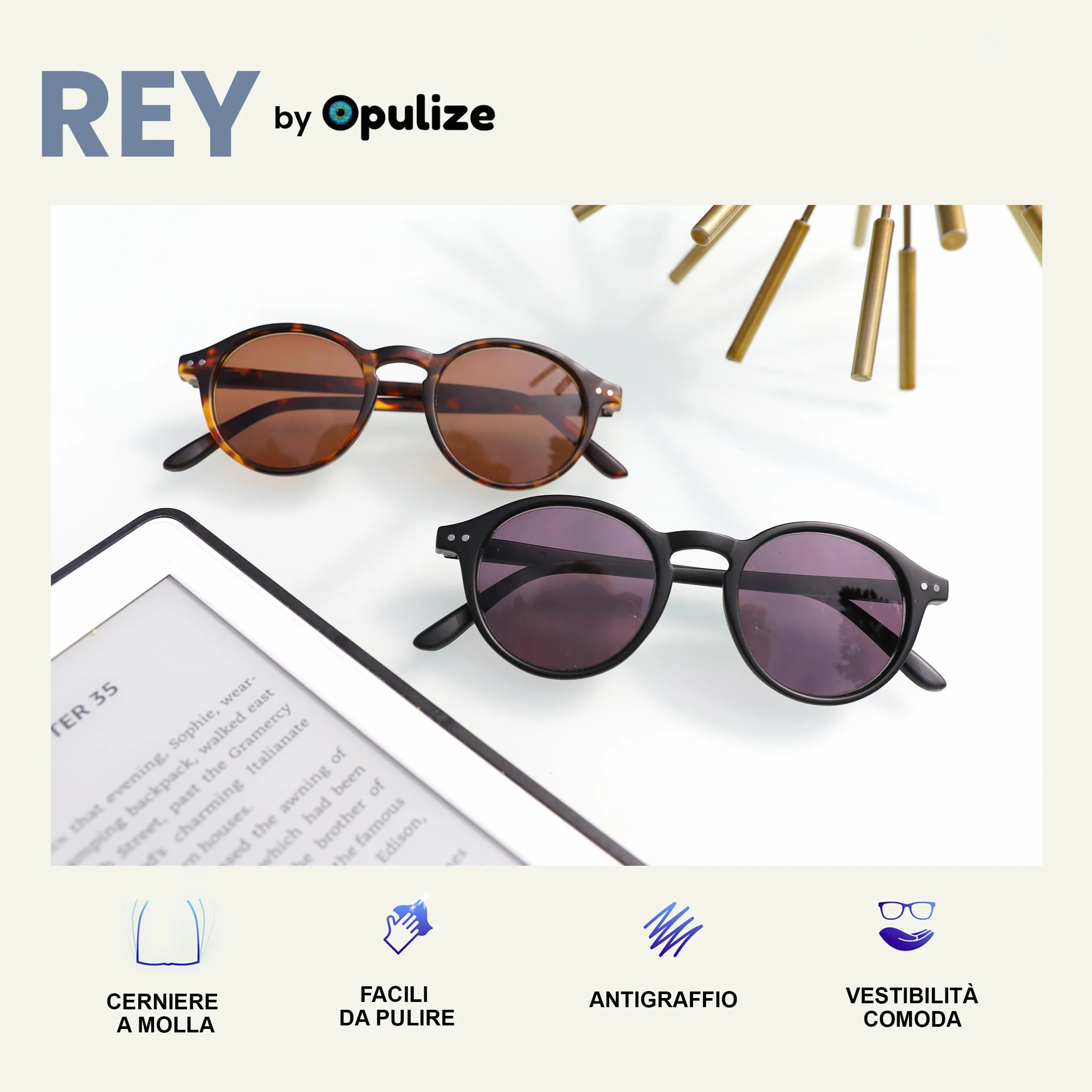 OPULIZE REY Occhiali da Lettura con Lenti da Sole +1.50 Nero Opaco Marrone Tartarugato Pacco da 2