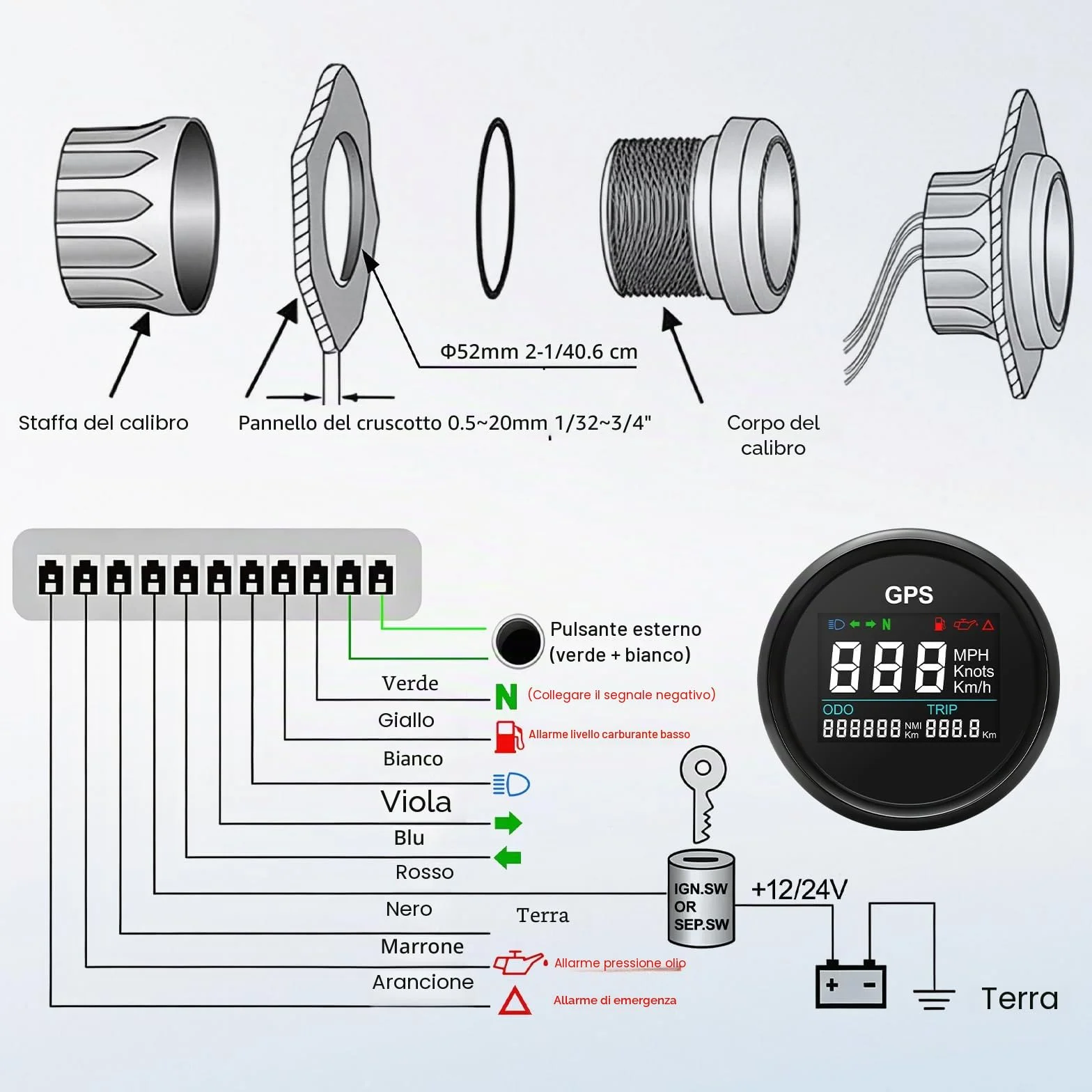 Geloo Contachilometri Tachimetro GPS, indicatore di velocità regolabile digitale impermeabile da 52 mm per camion moto barca auto (Nero)