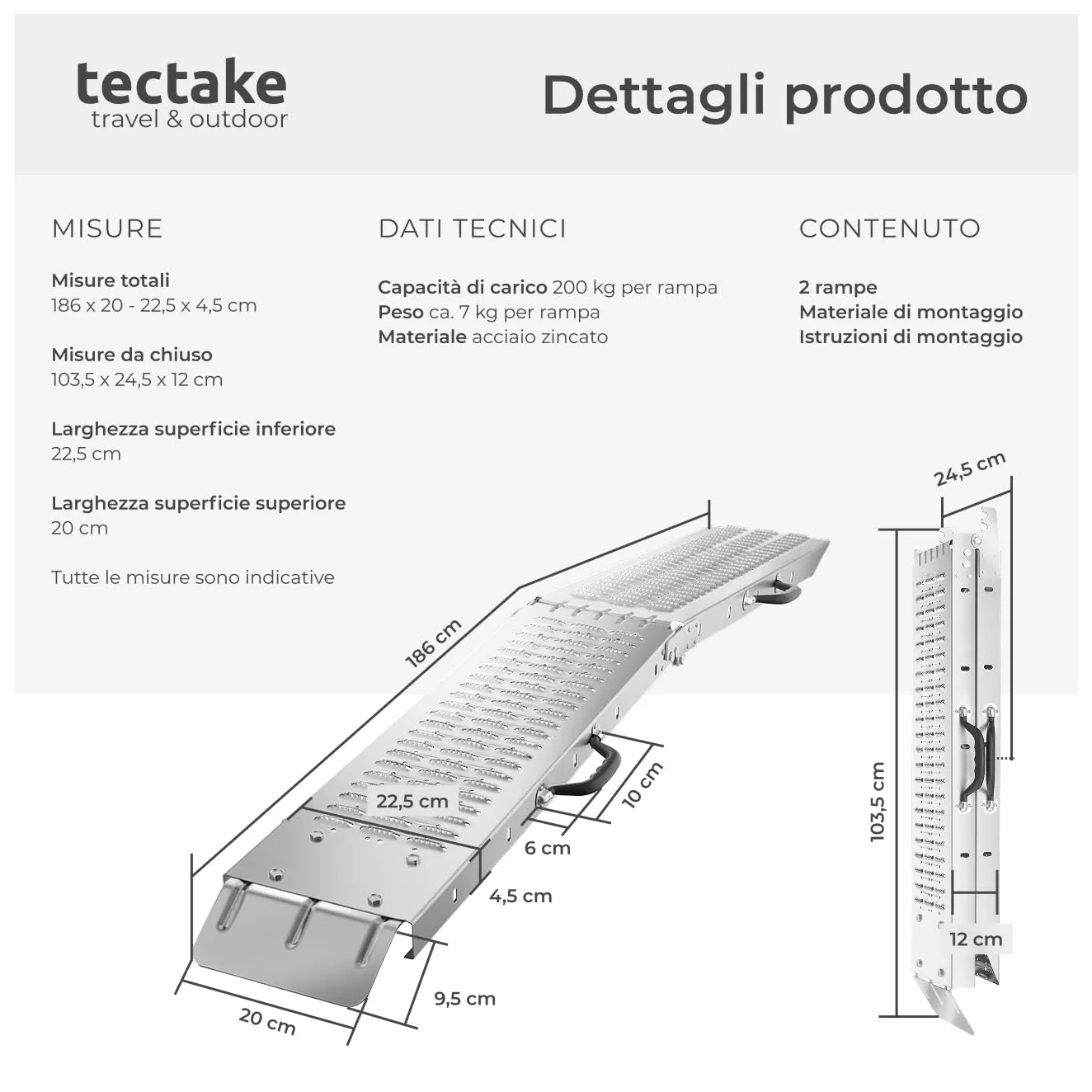 Tectake Rampe di Carico Pieghevoli in Acciaio Zincato 186 cm 400 kg