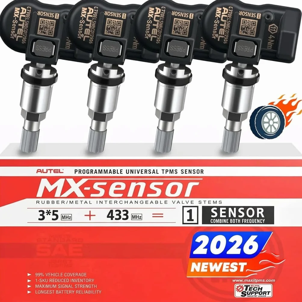 Autel TPMS Sensore MX-Sensor, Doppia Frequenza, Sensore TPMS per 98% Delle Auto, Funziona con TS408S TS508WF TS601 TS501 Pro, 100% Sensore TPMS Programmabile e Clonabile (Valvola in Metallo, 4 Pezzi)