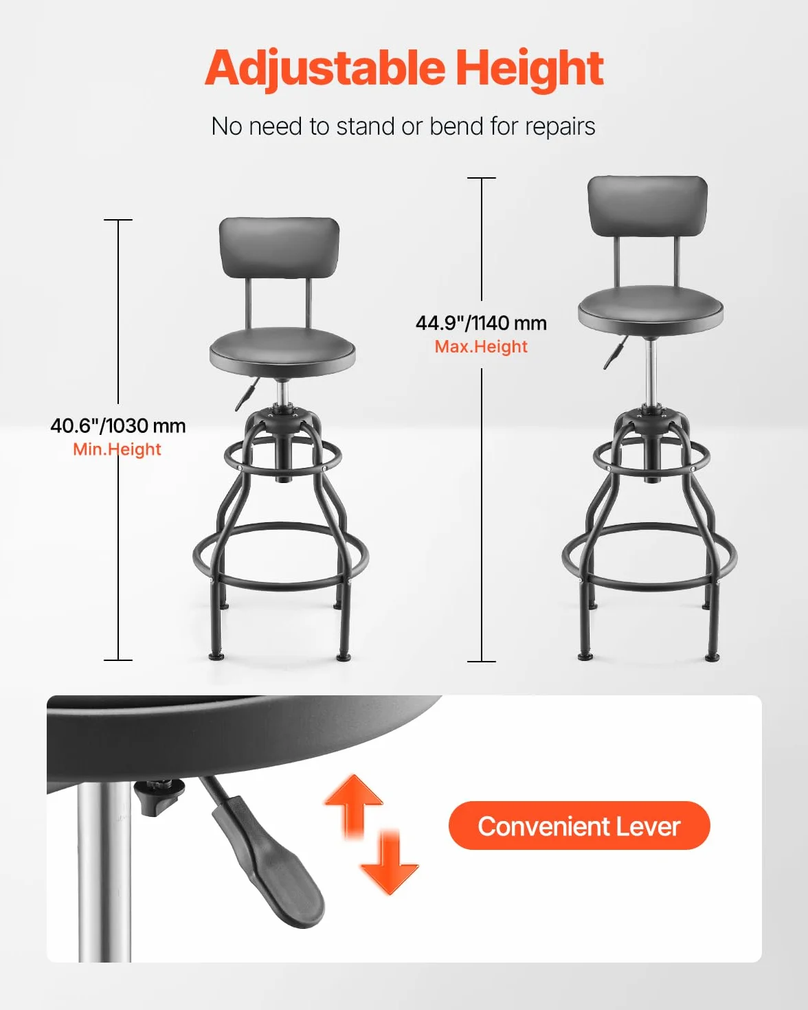 VEVOR Sgabello da Officina Girevole 360° con Schienale, Sedile Regolabile in Altezza, Capacità 136 kg, Nero