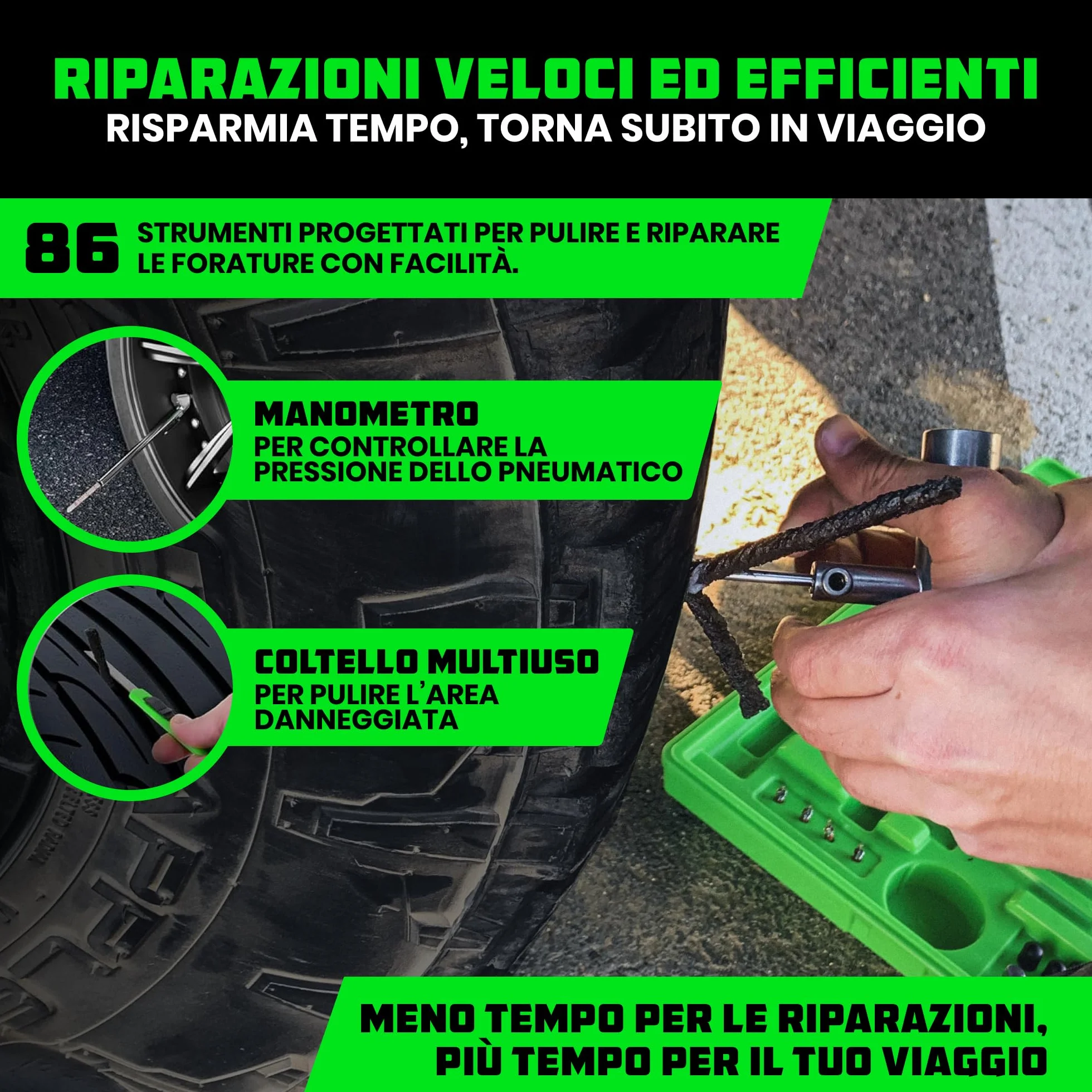 Rhino USA Kit di Riparazione Pneumatici 86 Pezzi per auto moto ATV UTV camper rimorchio