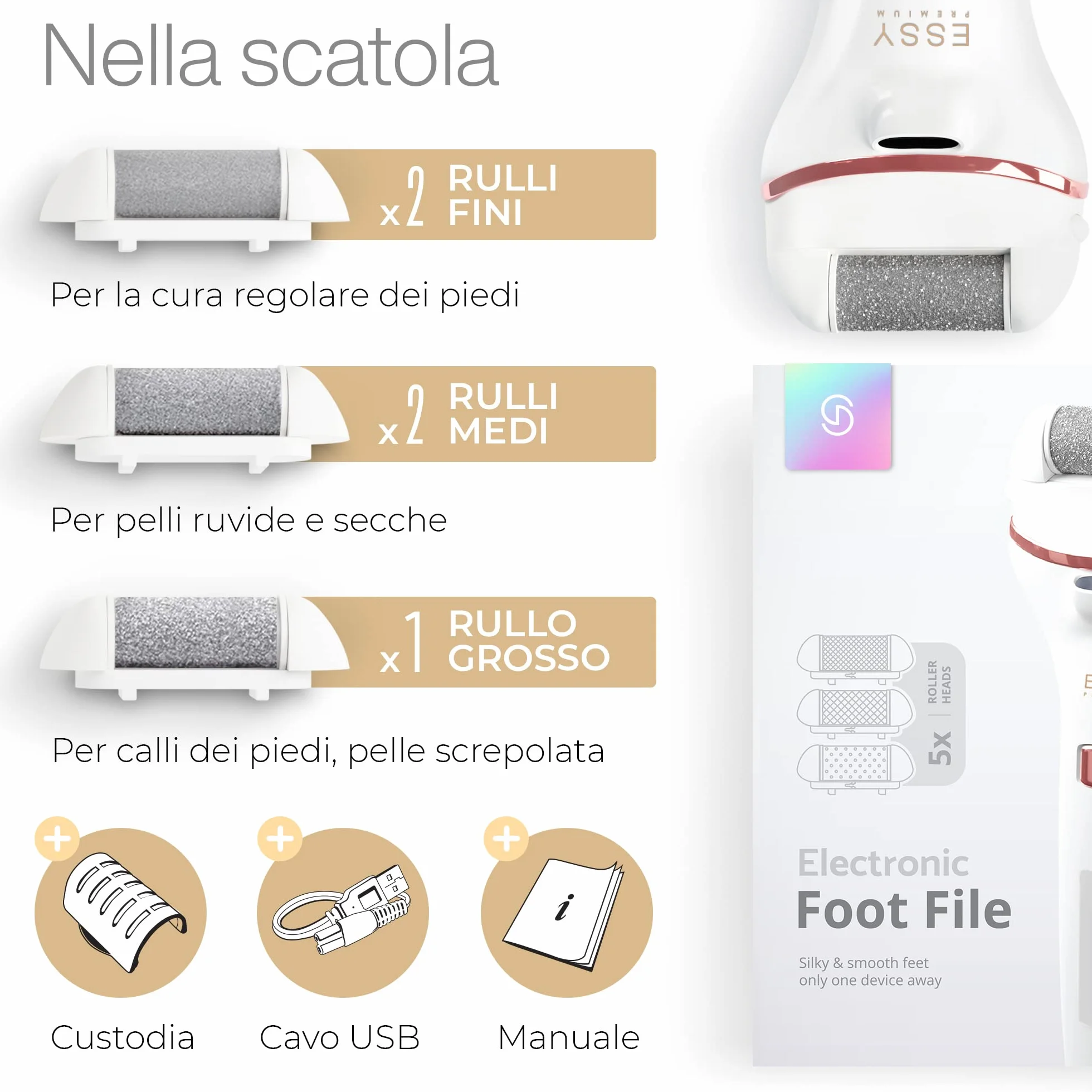 Essy Levigatore Elettrico per Piedi con 5 Rulli di Ricambio, Lima Ricaricabile per Rimozione Calli, 2 Velocità, Display LED, Ricarica USB, Kit Pedicure Bianco