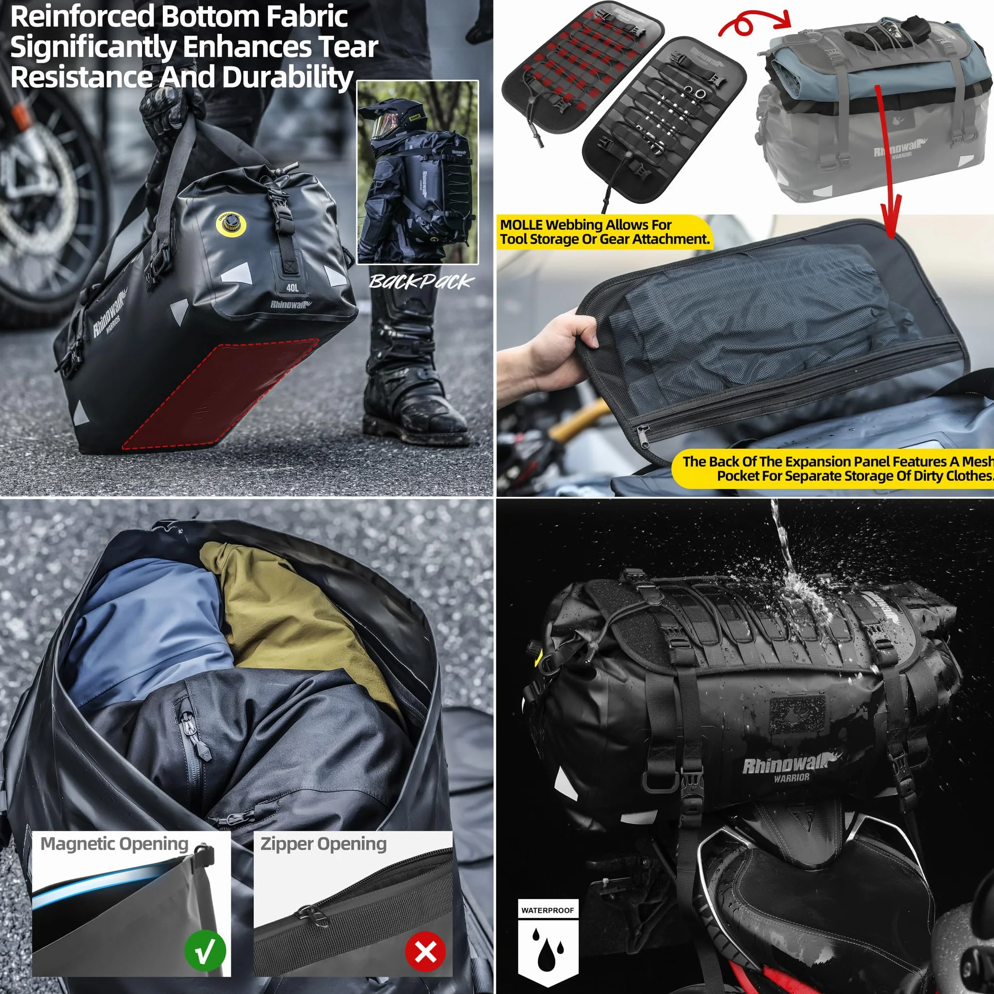 Rhinowalk Borsa da sella per moto 65L impermeabile con espansione MOLLE