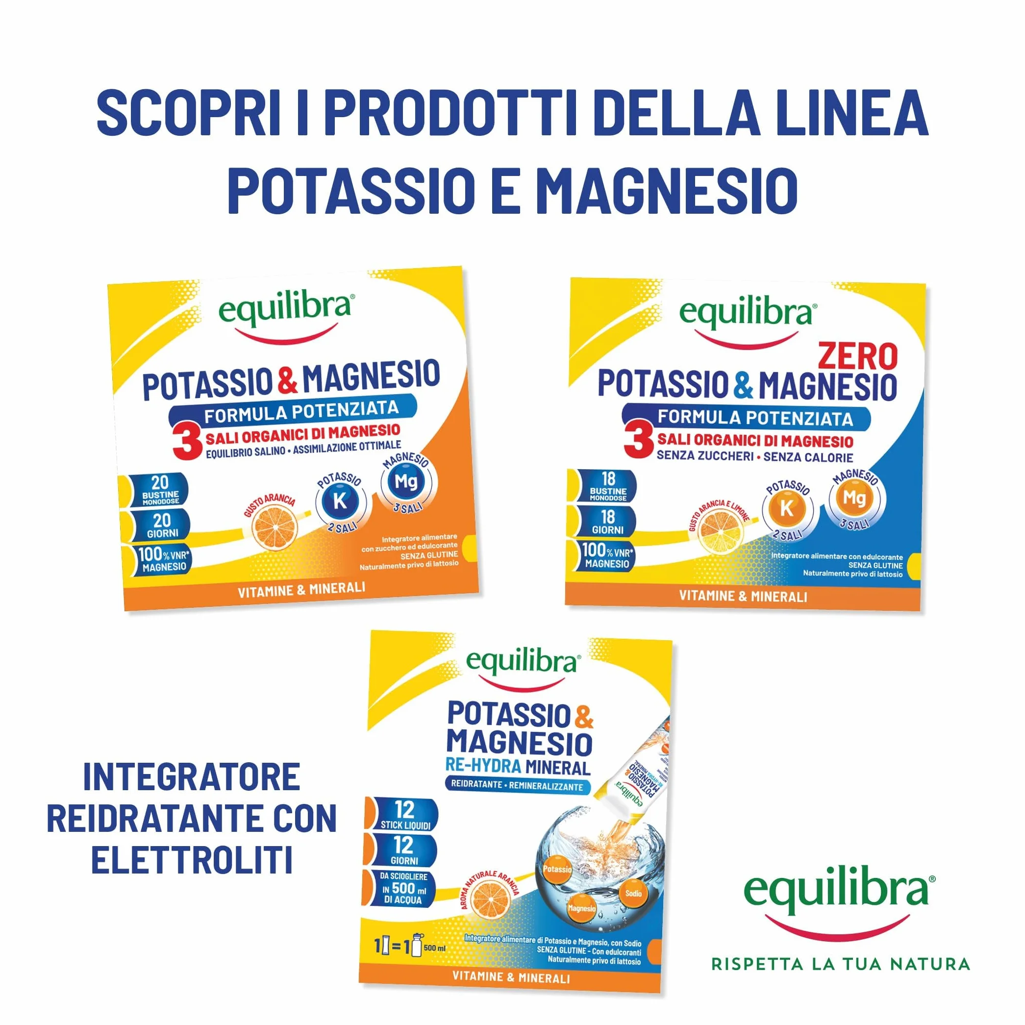 Equilibra Potassio e Magnesio 3 Formula Potenziata Integratore Sali Minerali Gusto Arancia 20 Bustine