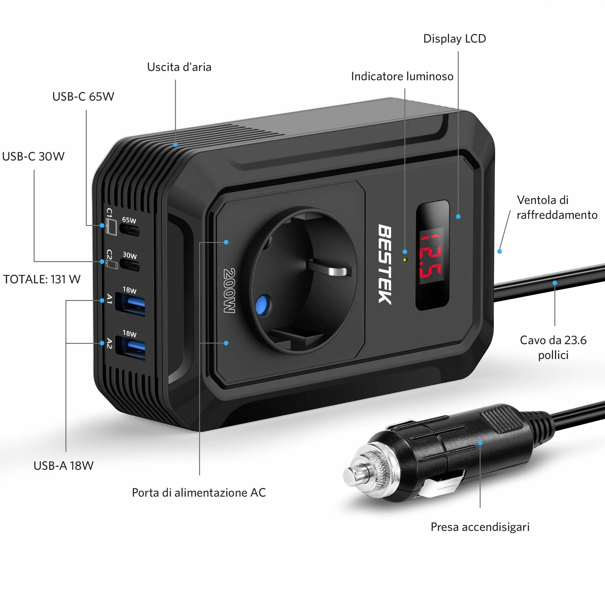 BESTEK Inverter di tensione 200 W 12 V a 240 V 230 V AC con 3 prese, 2 porte USB 18 W e 2 porte USB-C
