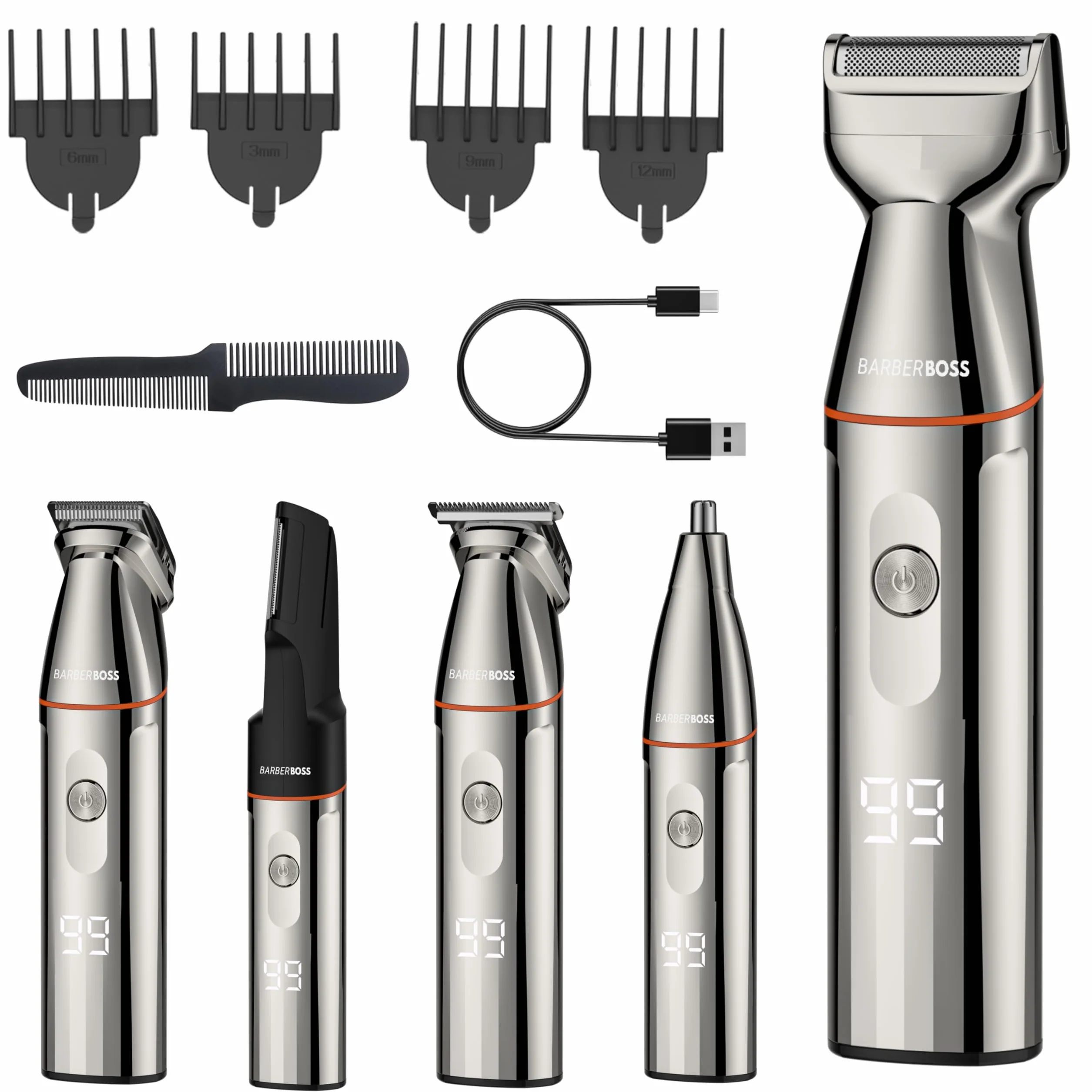 BarberBoss Kit rasoio 5 in 1 uomo tagliacapelli rasoio naso ricarica USB-C lame acciaio inox body groomer