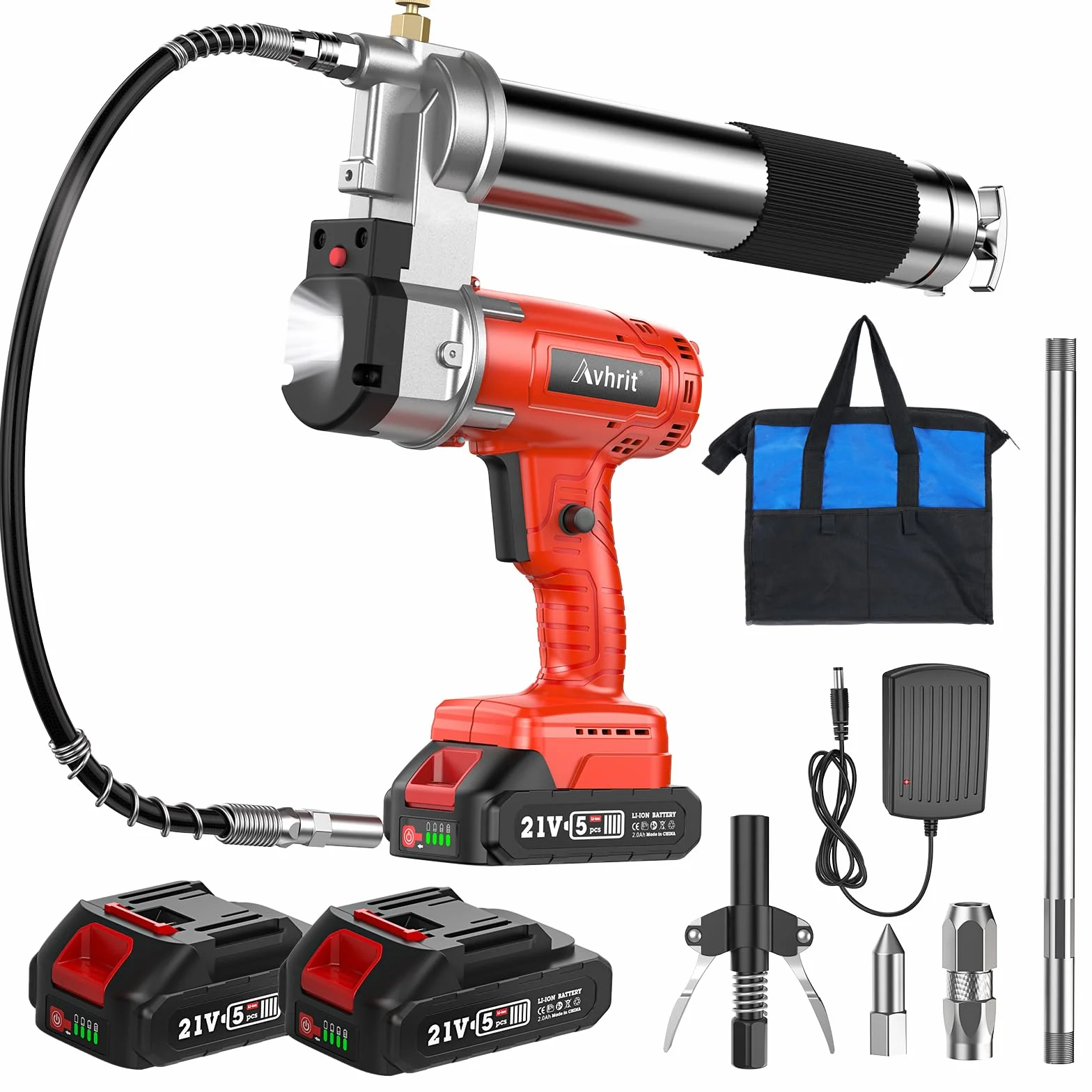 Ingrassatore a Batteria Kit con 2 Batterie Ricaricabili, Senza Mani, 10.000 PSI, 5 oz/min, Automatico Elettrico, Tubo Lungo 39,4", 3 Accoppiatori Diversi per Attrezzature Pesanti