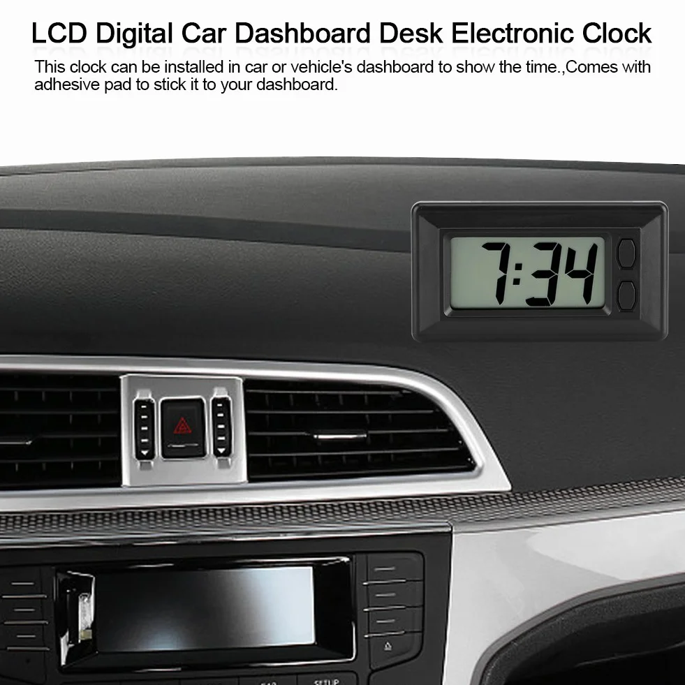 Garosa Orologio Digitale da Auto con Termometro, Display LCD Retroilluminato 46,5x22mm, Nero, ABS, con Supporto Adesivo, Alimentazione a Batteria