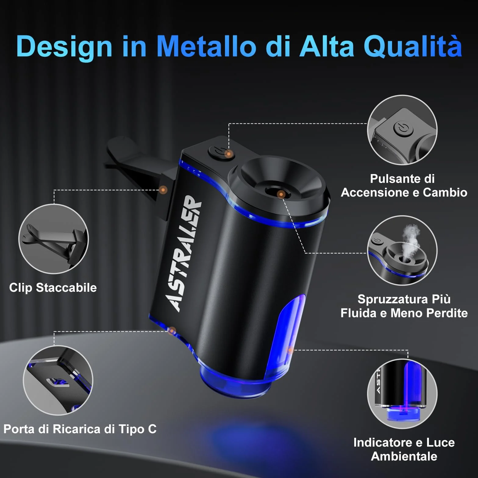 Profumatore Auto Ricaricabile 3 Oli Essenziali Deodorante Lunga Durata Diffusore Aromi Accensione Spegnimento Automatico