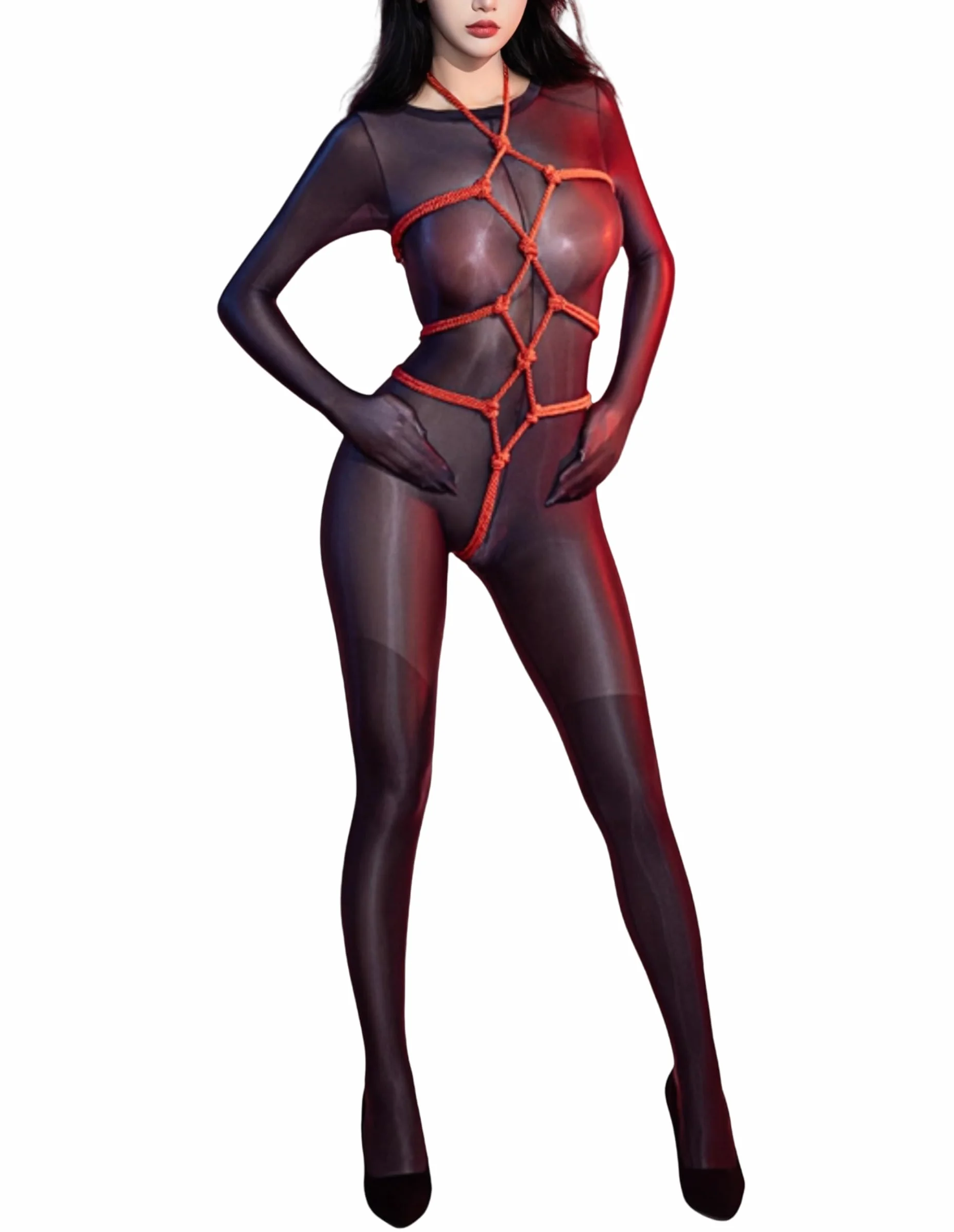 ROSVAJFY Set Bondage per Donna Imbracatura a Gabbia Corpo Intero Dessous Bondage Corda Rossa + Bodystocking Nero