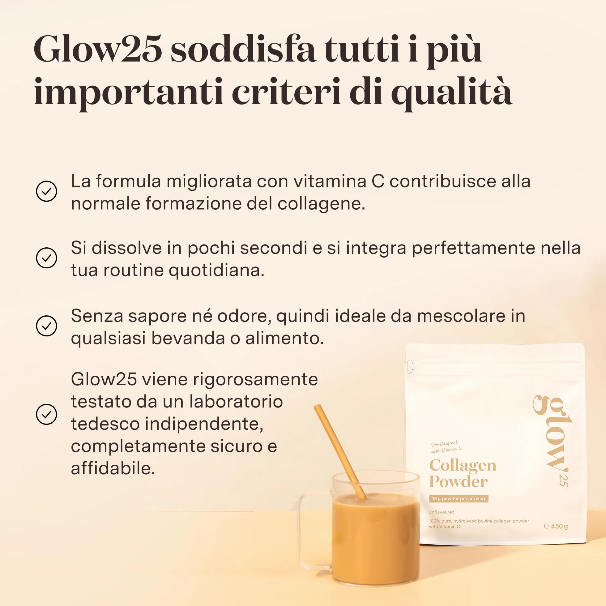 Collagene in polvere 450g con vitamina C – Peptidi di tipo I e III – Glow25®
