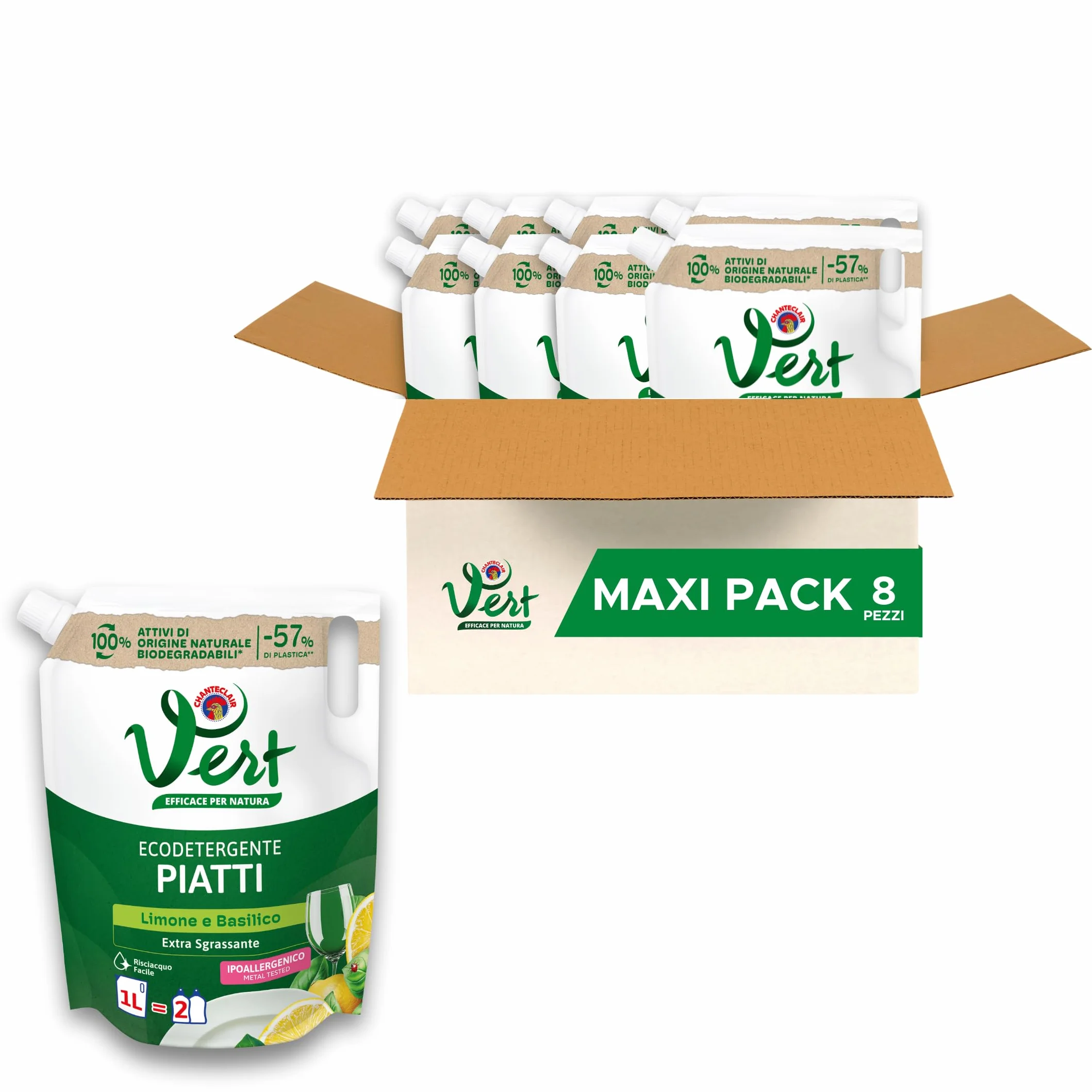 Ecodetergente Piatti Fragranza Limone Basilico 100% Origine Naturale Extra Sgrassante Ipoallergenico 8 x 1000ml