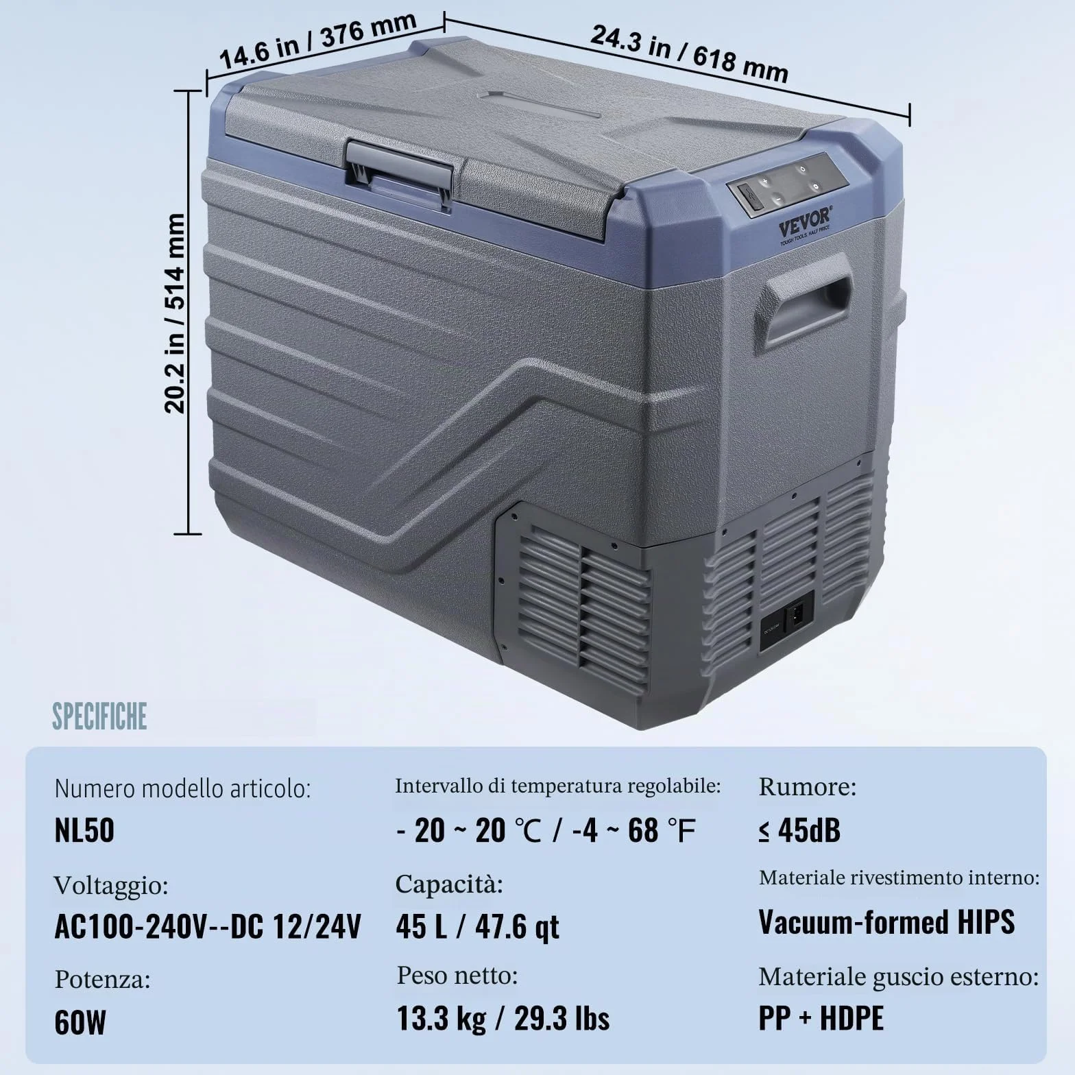 VEVOR Frigorifero per Auto 45L 12V Compressore Congelatore Portatile Zona Singola